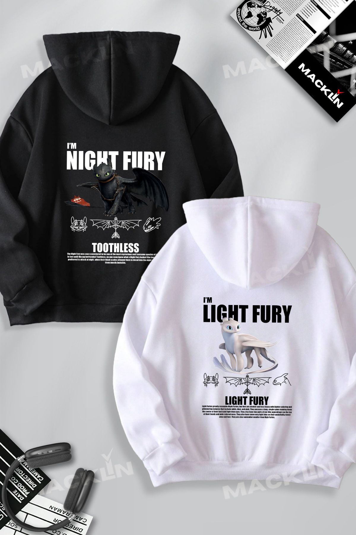 darkopia Sevgili Çift Kombini Light & Night Fury Sırt Baskılı Özel Tasarım Kapüşonlu Sweatshirt 2li Set Takım