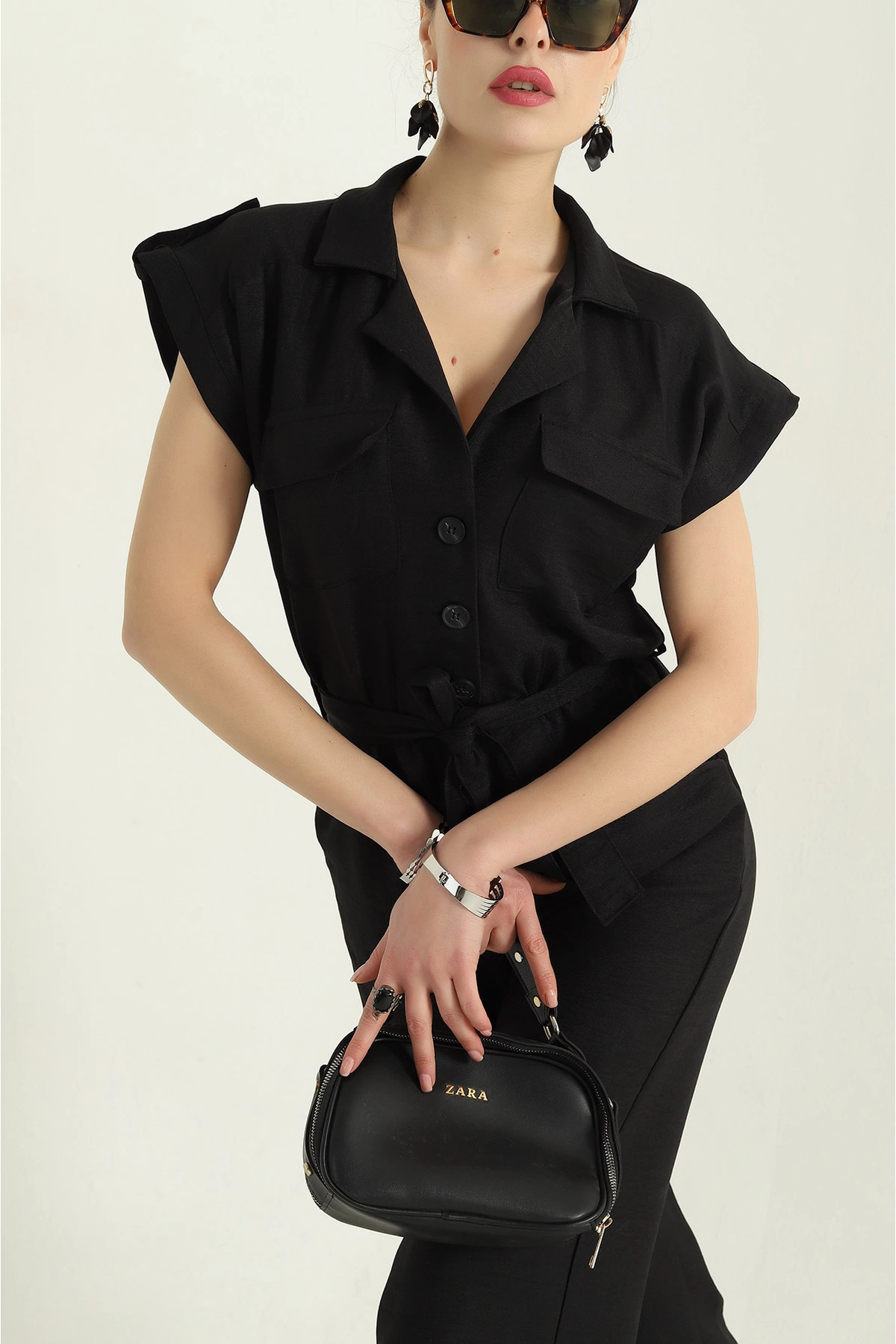 Secret Passion Lingerie-Black Belted Linen Jumpsuit with Elastic Waist 2