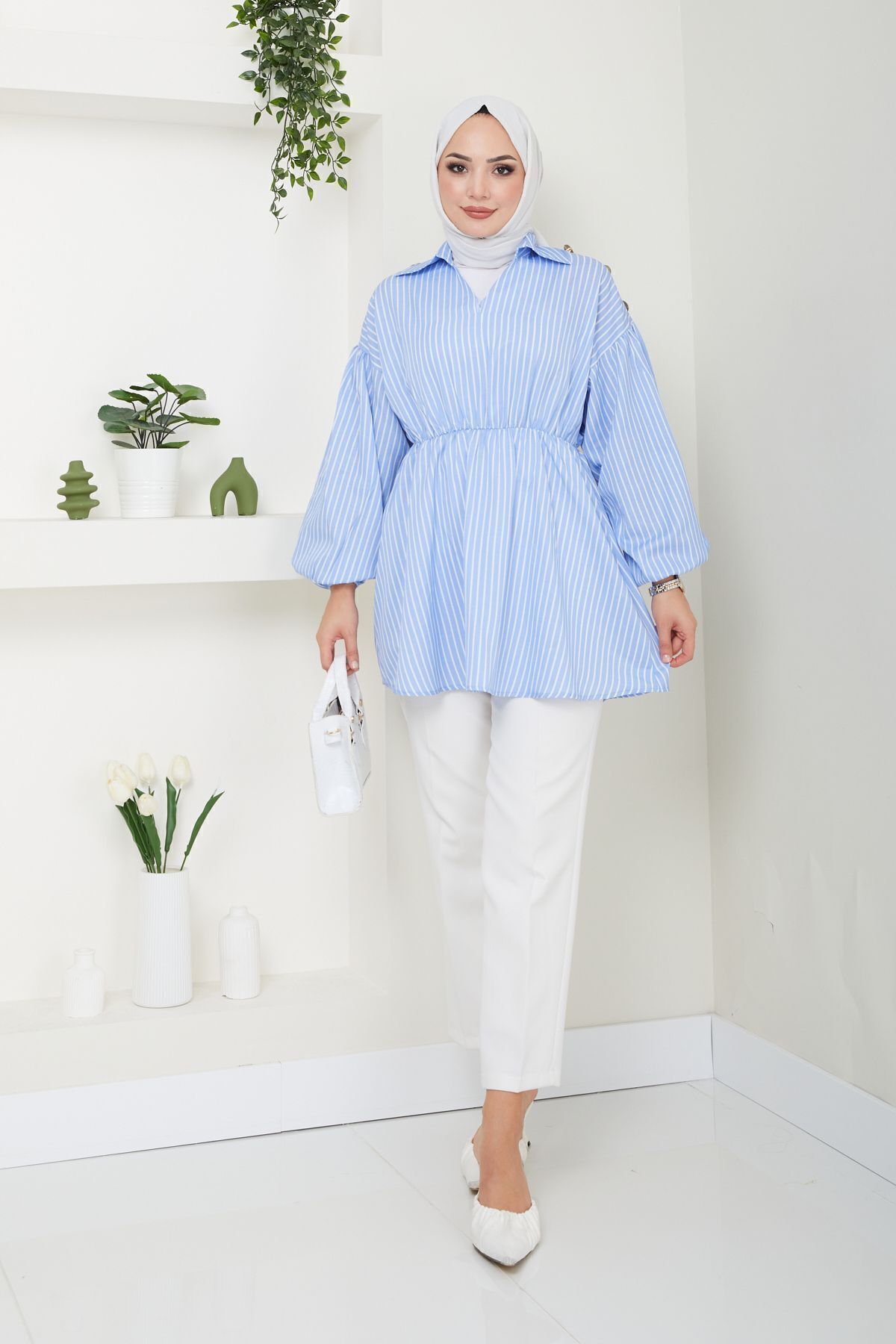Eliva  Kadın Bebe Mavi Beyaz Çizgili Saten Belden Lastikli Tesettür Gömlek - Görsel 3
