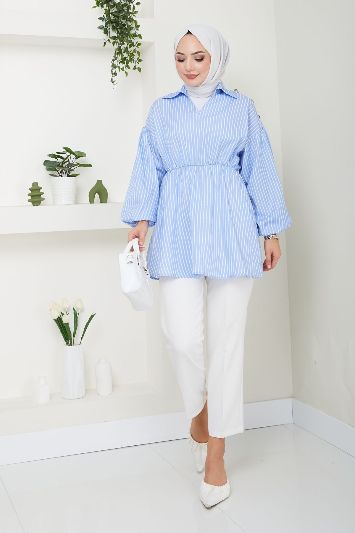 Eliva  Kadın Bebe Mavi Beyaz Çizgili Saten Belden Lastikli Tesettür Gömlek - Görsel 2