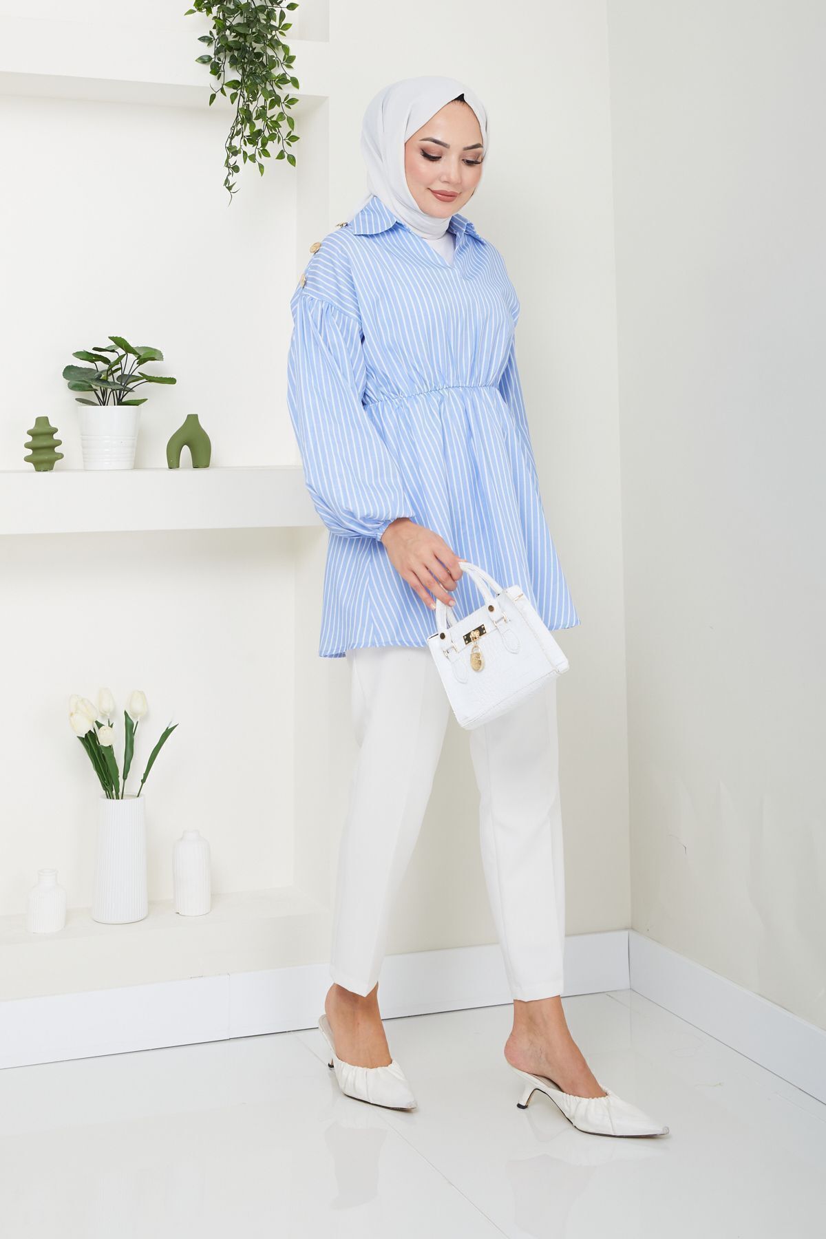 Eliva  Kadın Bebe Mavi Beyaz Çizgili Saten Belden Lastikli Tesettür Gömlek - Görsel 4