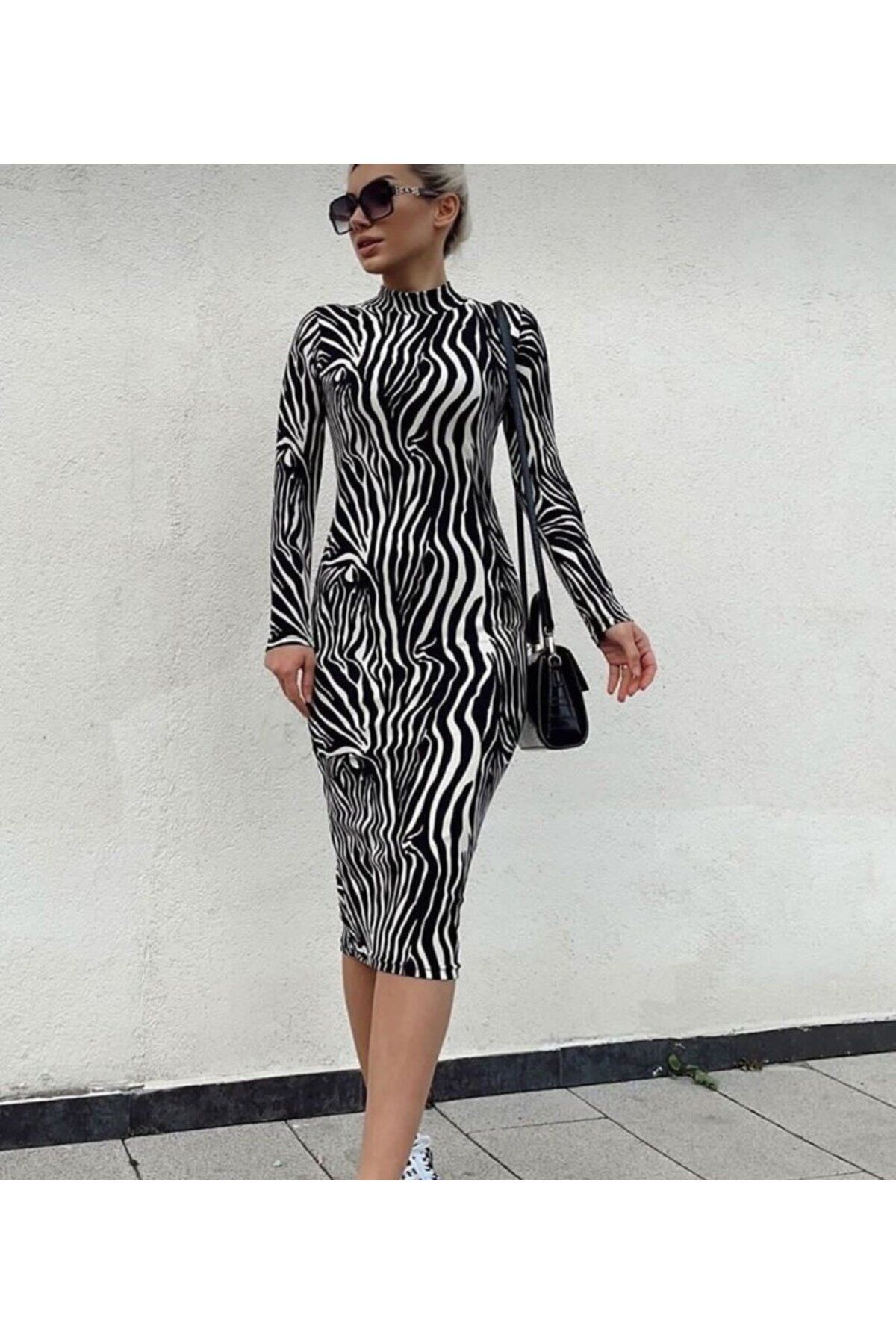 leyla sanat sanata yeni bir bakış açısı leyla sanat sanata yeni bir bakış açısı Kadın Zebra Desen Süet Kumaş Fırsat ürün Midi Boy Elbise