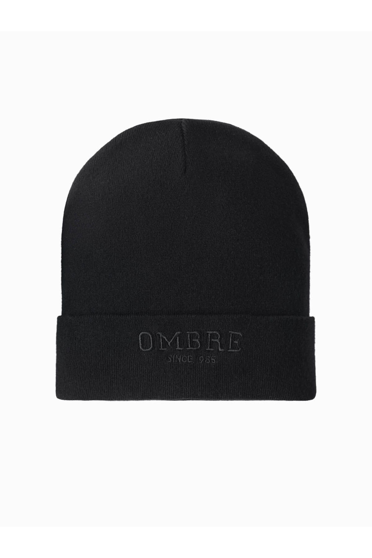 OMBRE-Men's knitted beanie hat with embroidered inscription - black V1 OM-ACWH-0120 2