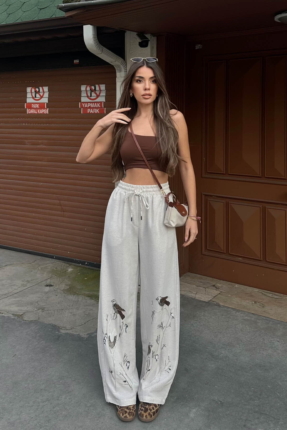 XHAN-Beige Embroidered Palazzo Linen Trousers 6Yxk5-49100-25 4
