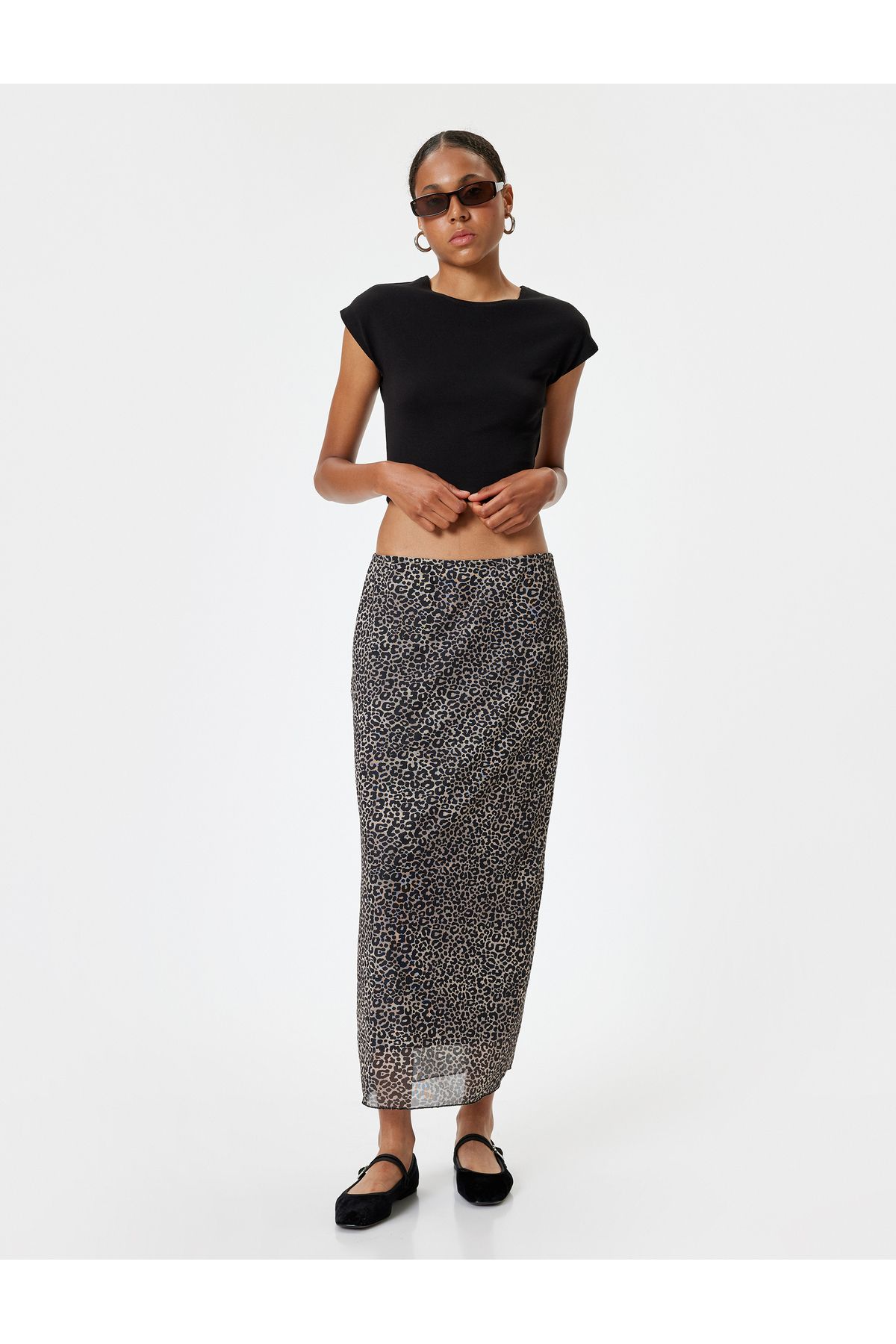 Koton-Standard Waist Leopard Patterned Tulle Midi Skirt 2