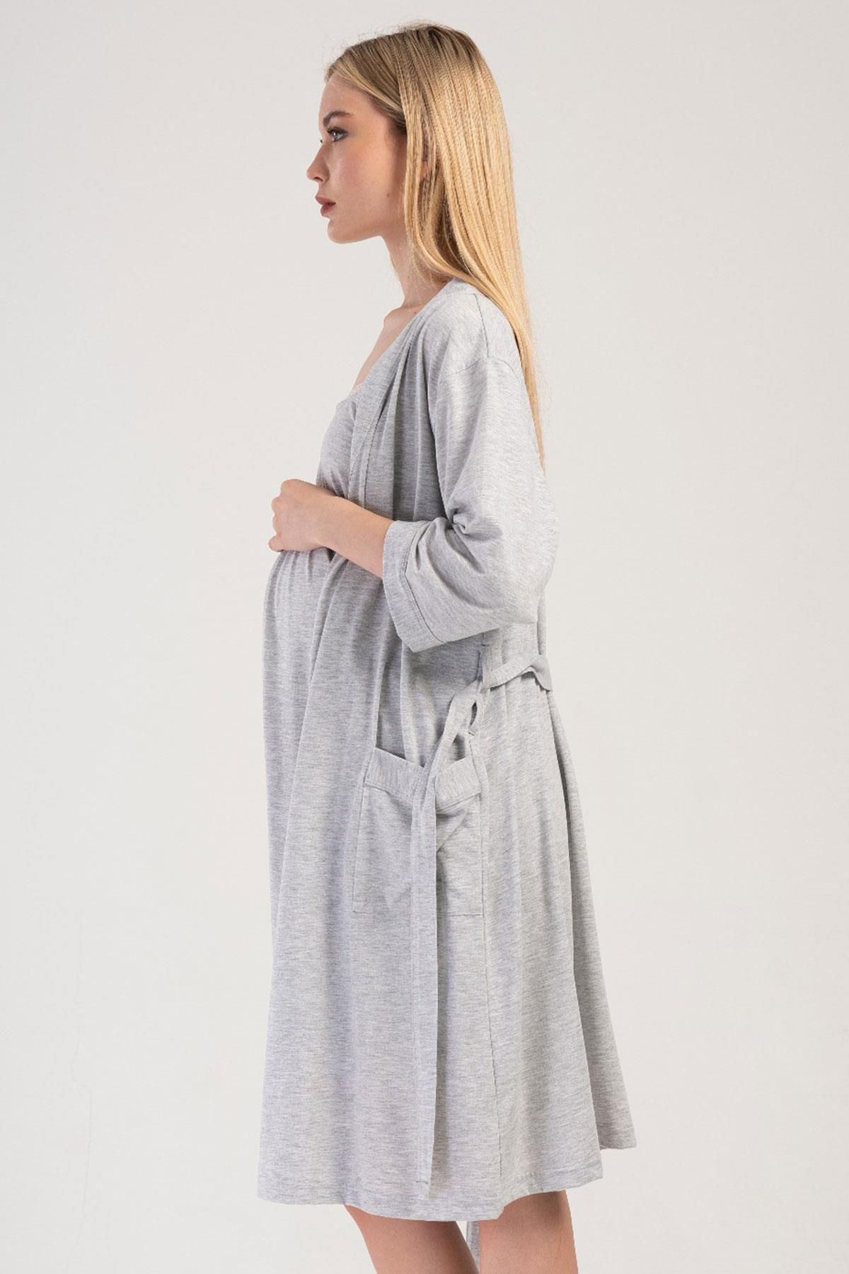 VİENETTA-Maternity Gray Melange Women's Nightgown and Dressing Gown - C8T7N3O504 2