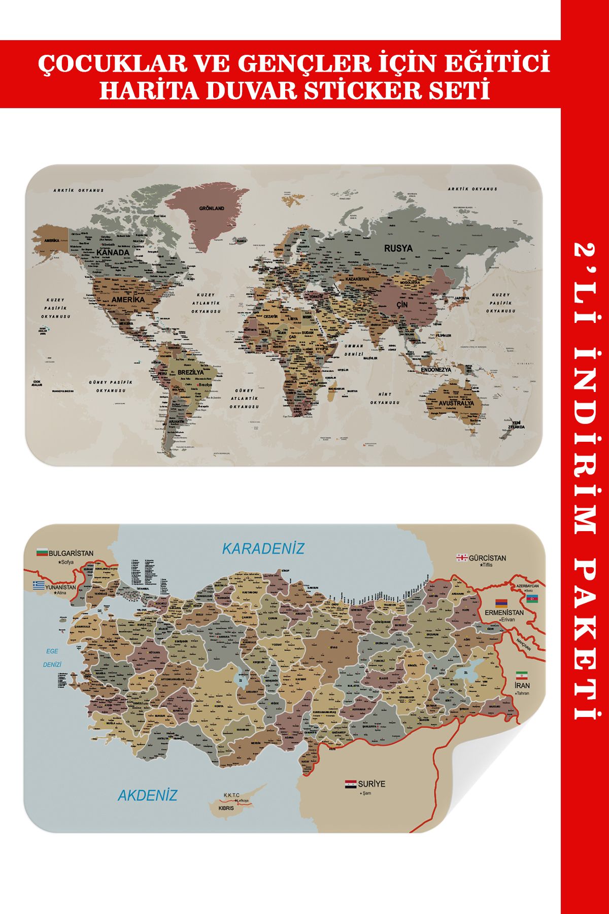 Atik Tasarım Eğitici ve Öğretici Dünya ve Türkiye Haritası Çocuk Odası Duvar Sticker-60x105-3883