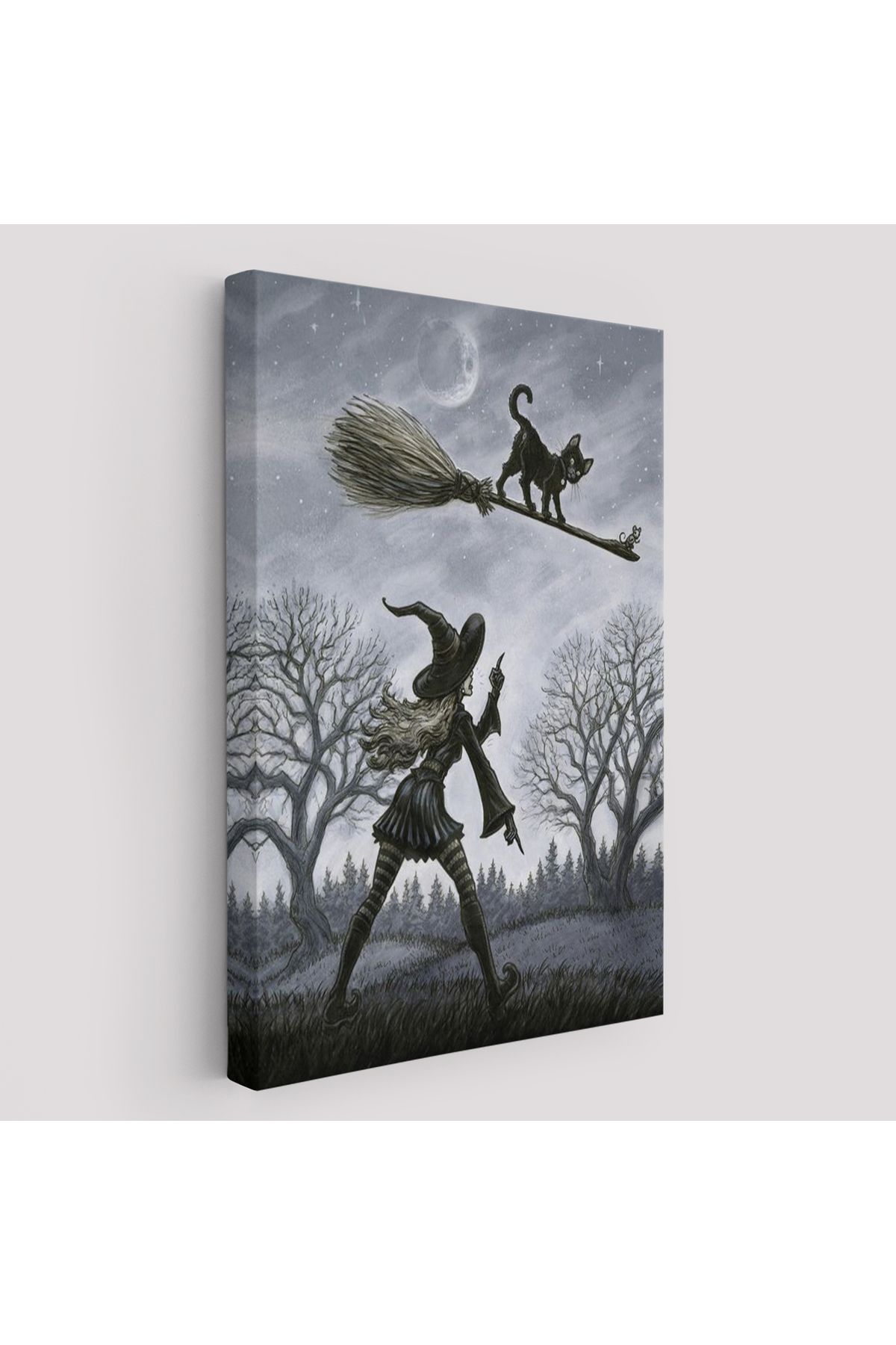 bluvex Cadı Süpürgesi ile Uçan Kara Kedi Tablosu, Witches Halloween-6353