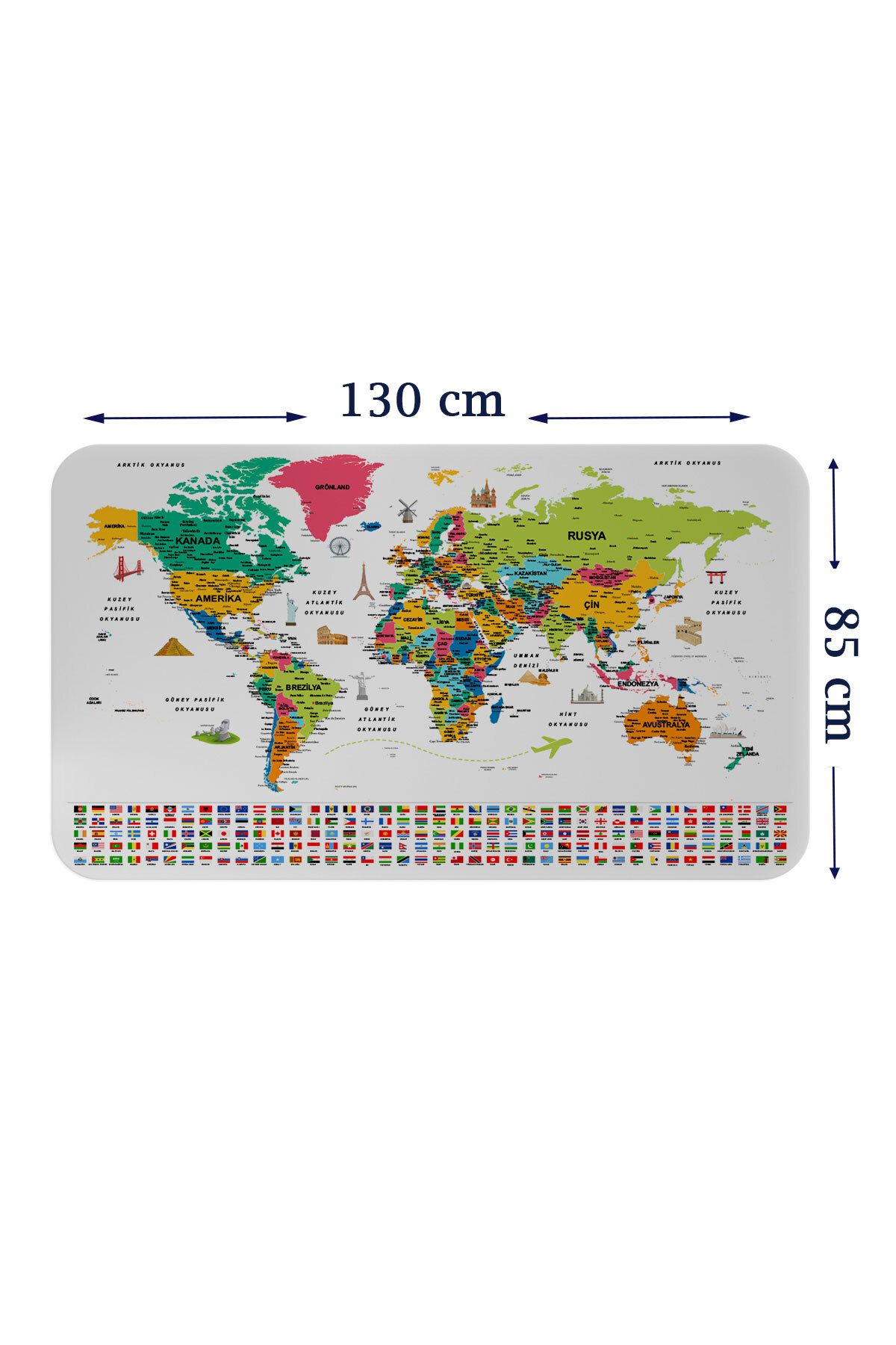Doğal Bizden DB Türkçe Ülke Bayrak lı Eğitici Başkent Detaylı Atlası Dünya Haritası Duvar Sticker-85x130-3841