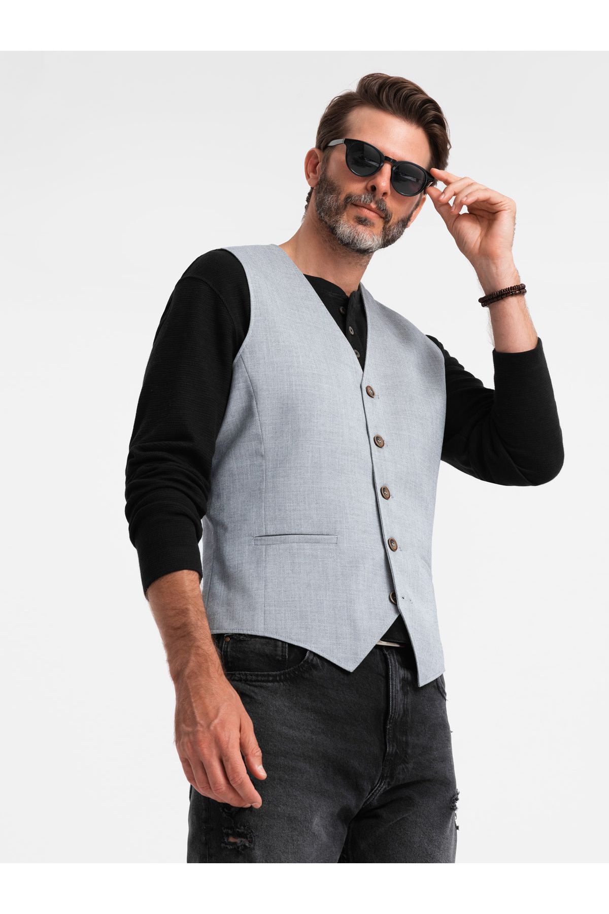 OMBRE-Men's jacquard suit vest without lapels - light grey V1 OM-BLZV-0106 L 4