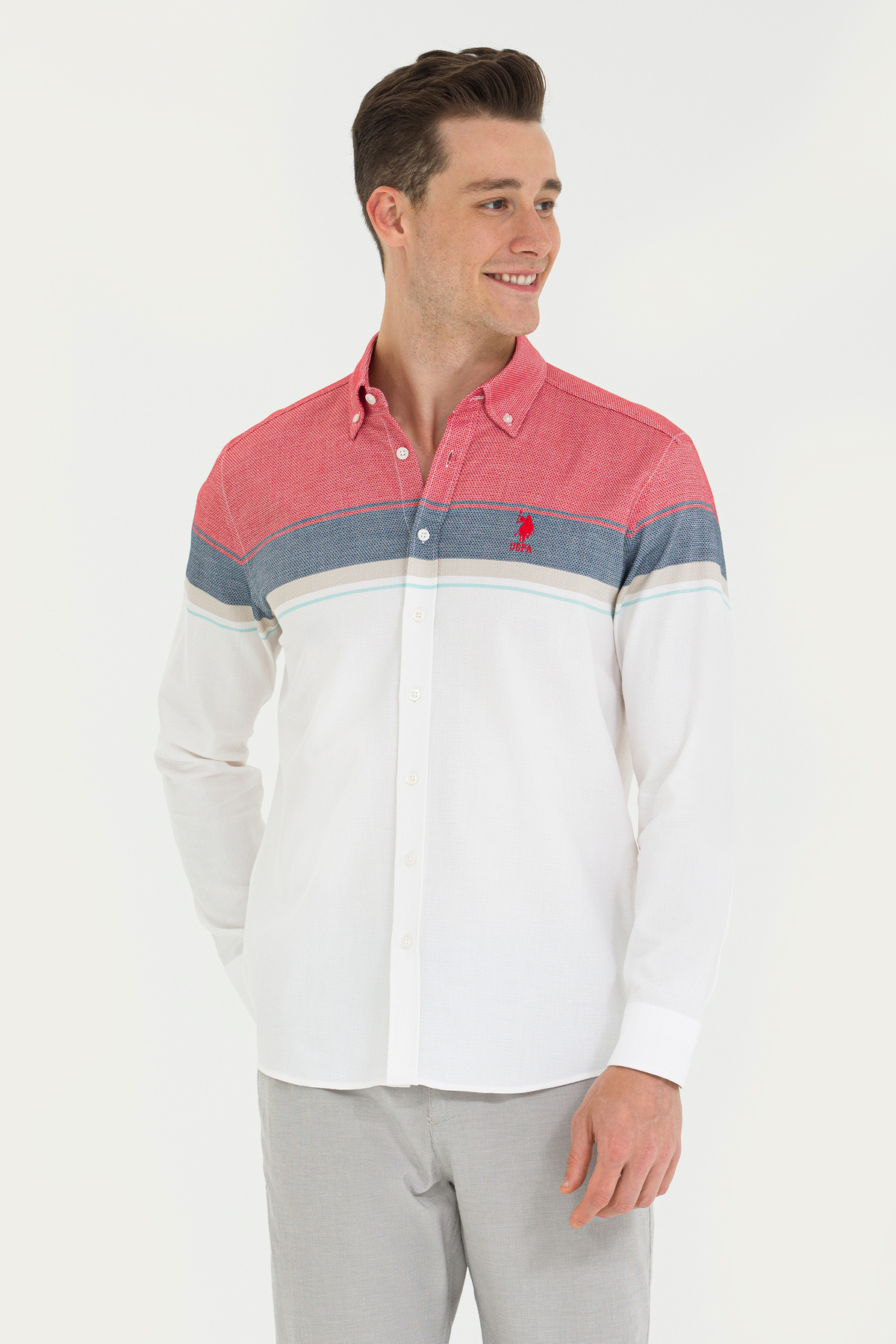 U.S. Polo Assn. Erkek Beyaz Uzun Kollu Gömlek 50263129-VR030 — قرمز 893032