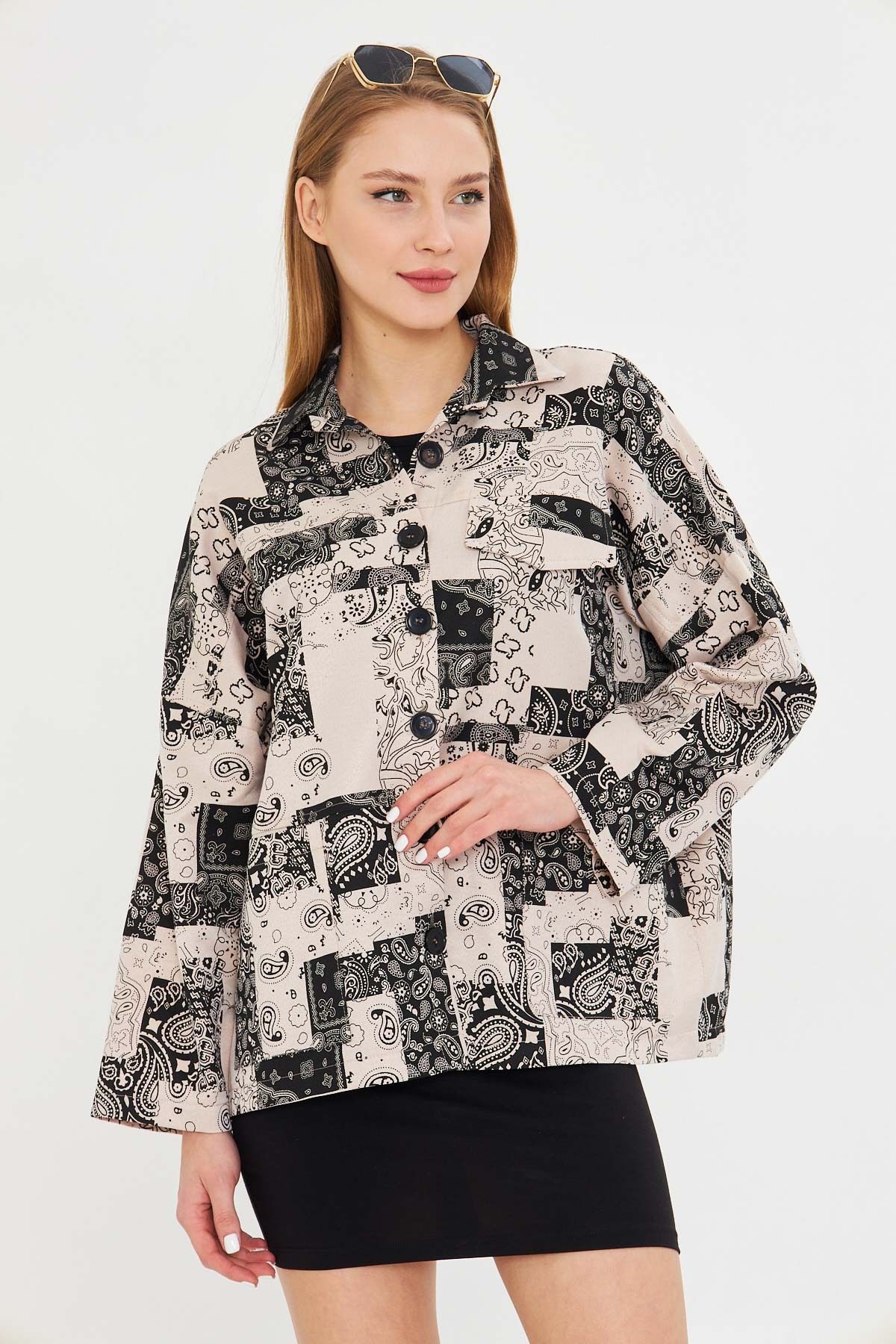 armonika-Women's Beige Print Pocket Detail Shirt Jacket Arm-25K 001071 4