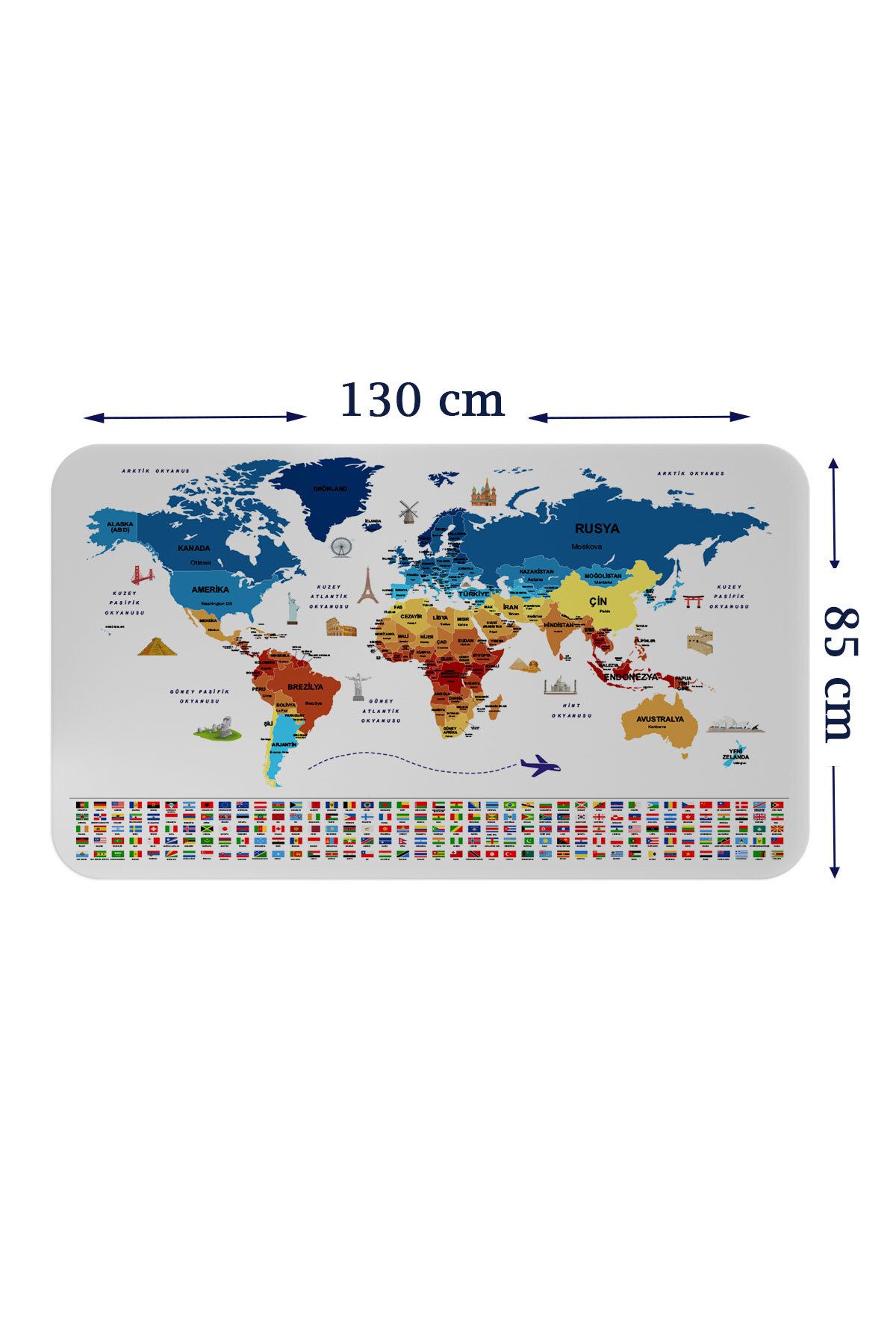 Haye Collection Ülke Bayrak lı Eğitici Başkent Detaylı Atlası Dünya Haritası Duvar Sticker-85x130-3857