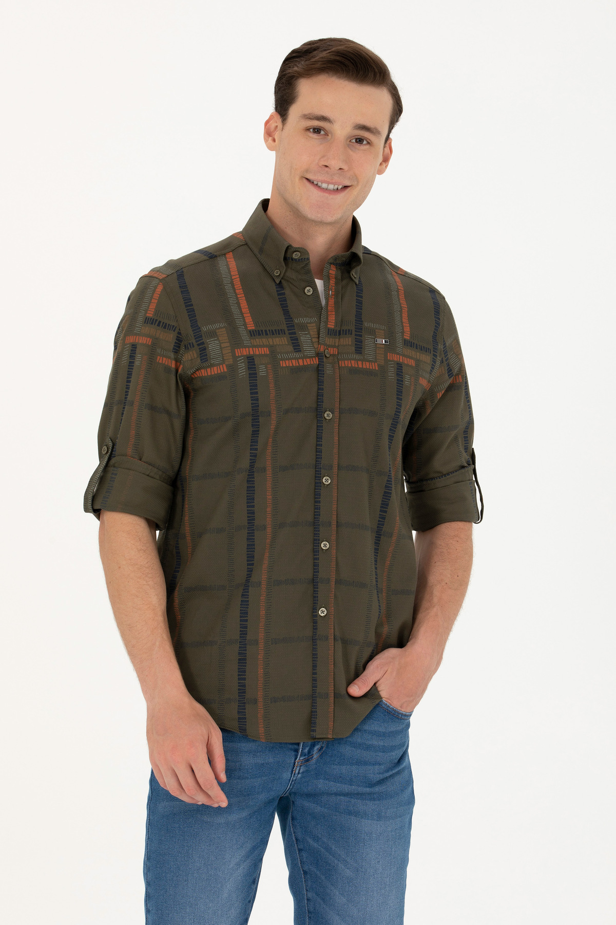 یو اس پولو پیراهن آستین بلند مردانه خاکی رنگ 50272751-VR027