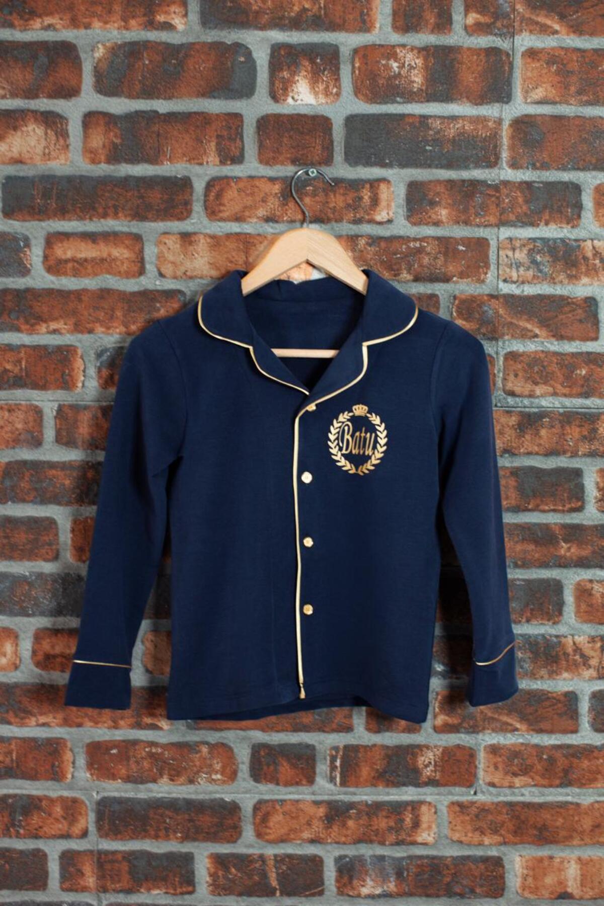 ADEREN KİDS KIŞLIK SÜNNET PİJAMASI PAMUK İSİM BASKILI LACİVERT GOLD fotoğrafı 5 (önizleme)