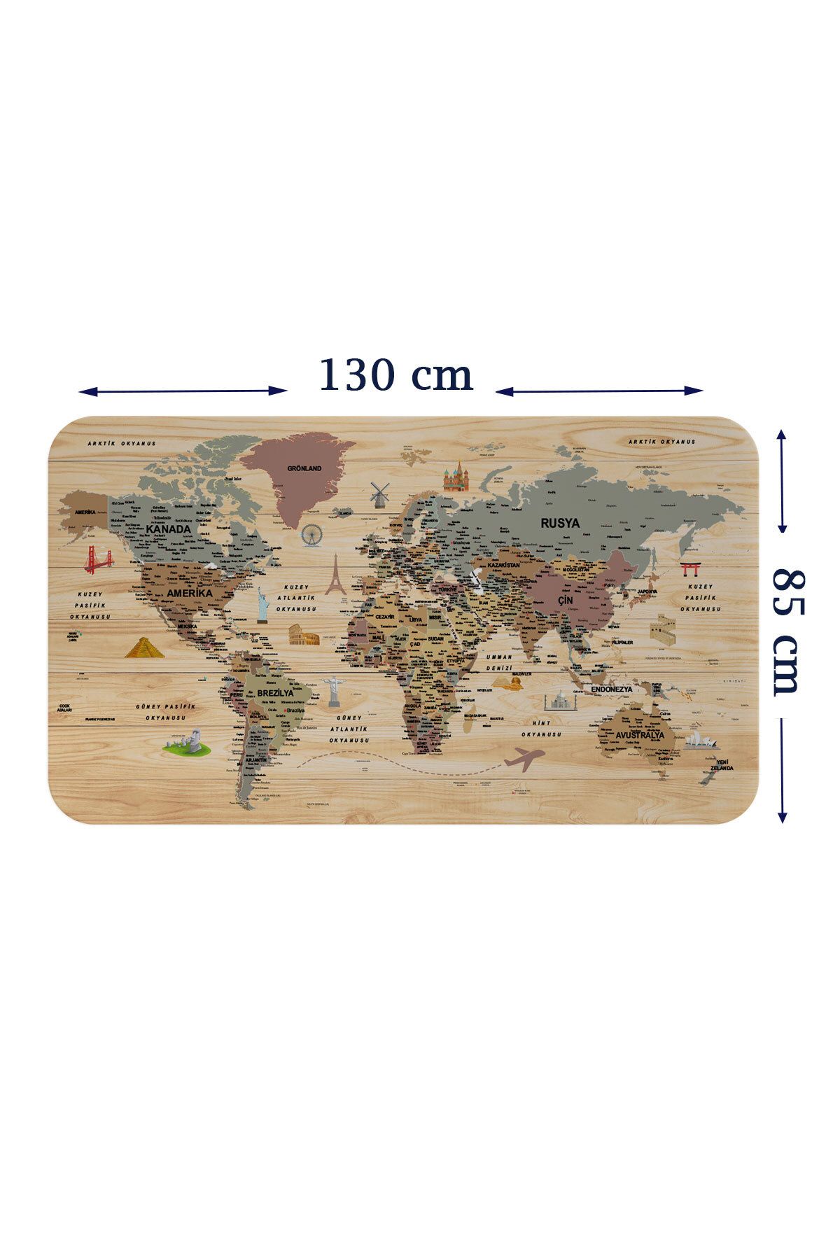 Atik Tasarım Ahşap Görünümlü Türkçe Eğitici Detaylı Atlası Dünya Haritası Duvar Sticker-85x130-3844