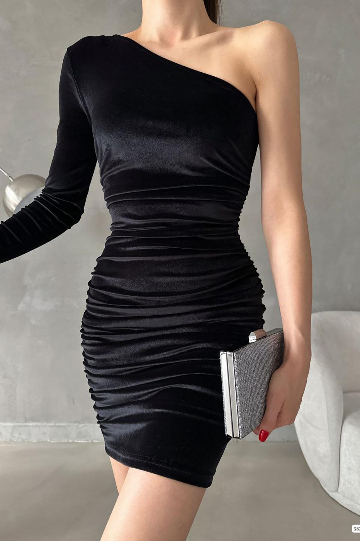 Deafox-Schwarzes Kleid aus Samt mit Raffung und einzelnen Ärmeln 2