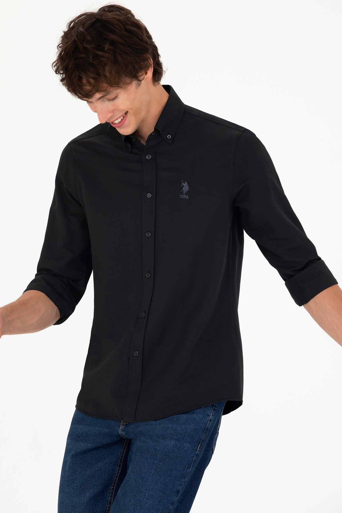 یو اس پولو پیراهن مردانه آستین بلند مشکی ساده ۵۰۲۷۱۲۶۹-VR046