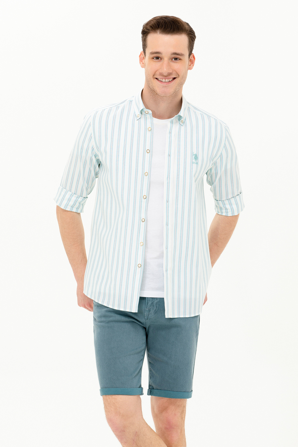 U.S. Polo Assn. Erkek Saks Çizgili Beyaz Gömlek 50264399-VR045 — آبی 858542