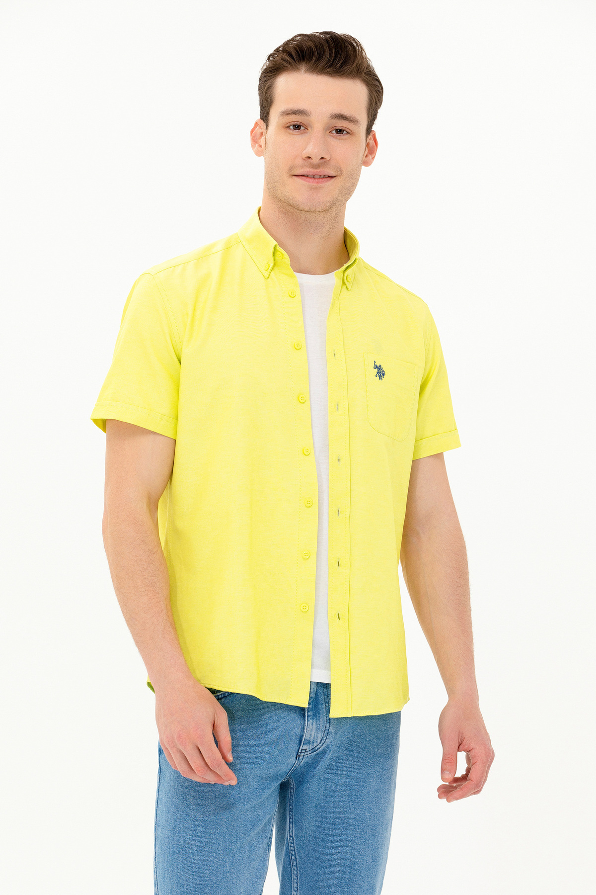U.S. Polo Assn. Erkek Neon Sarı Kısa Kollu Gömlek 50262942-VR168 — زرد 871131