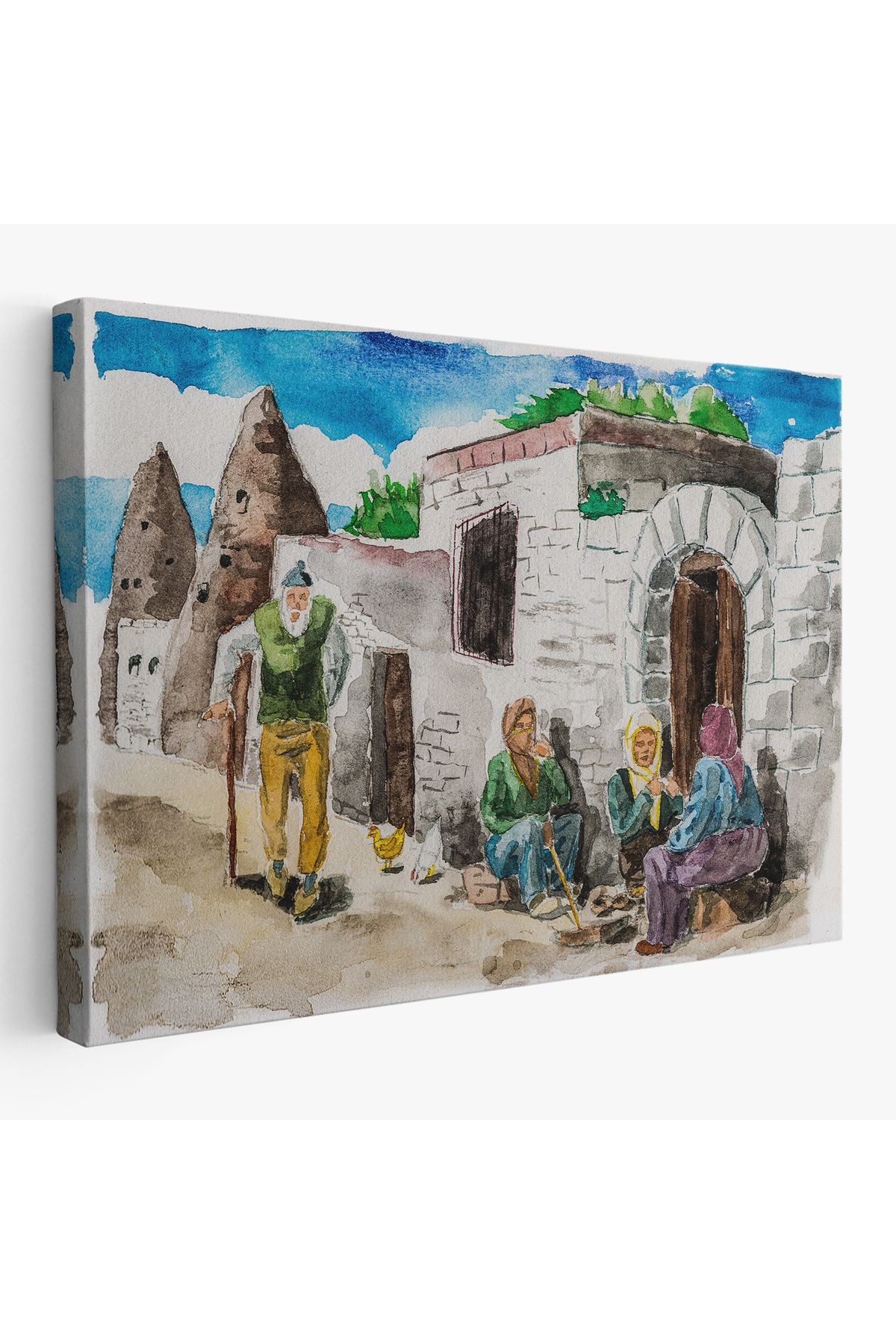 Jusoon Kapadokya Göremede Bir Köy Suluboya Görünüm Dekoratif Tablo-3756