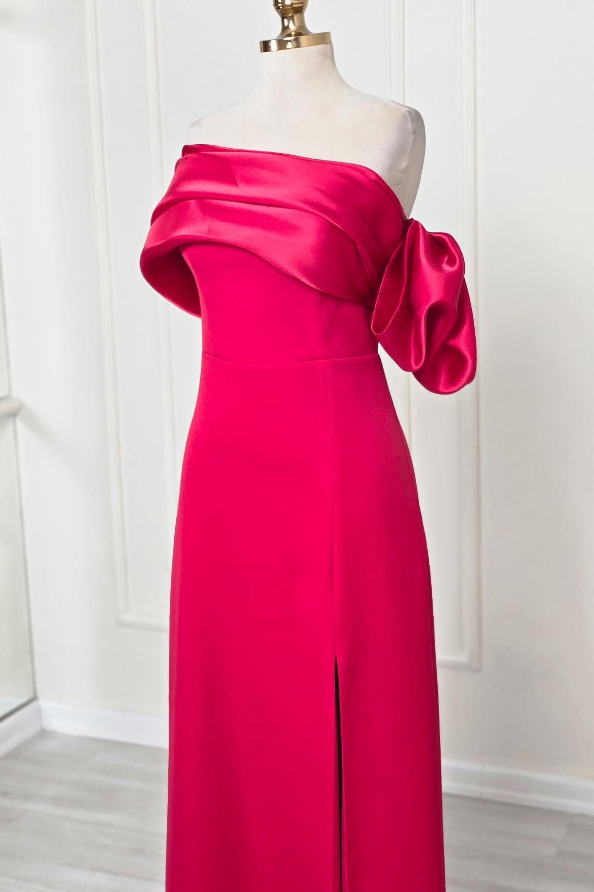 Yonca Moda Evi Kırmızı Asimetrik Krep Elbise 6589