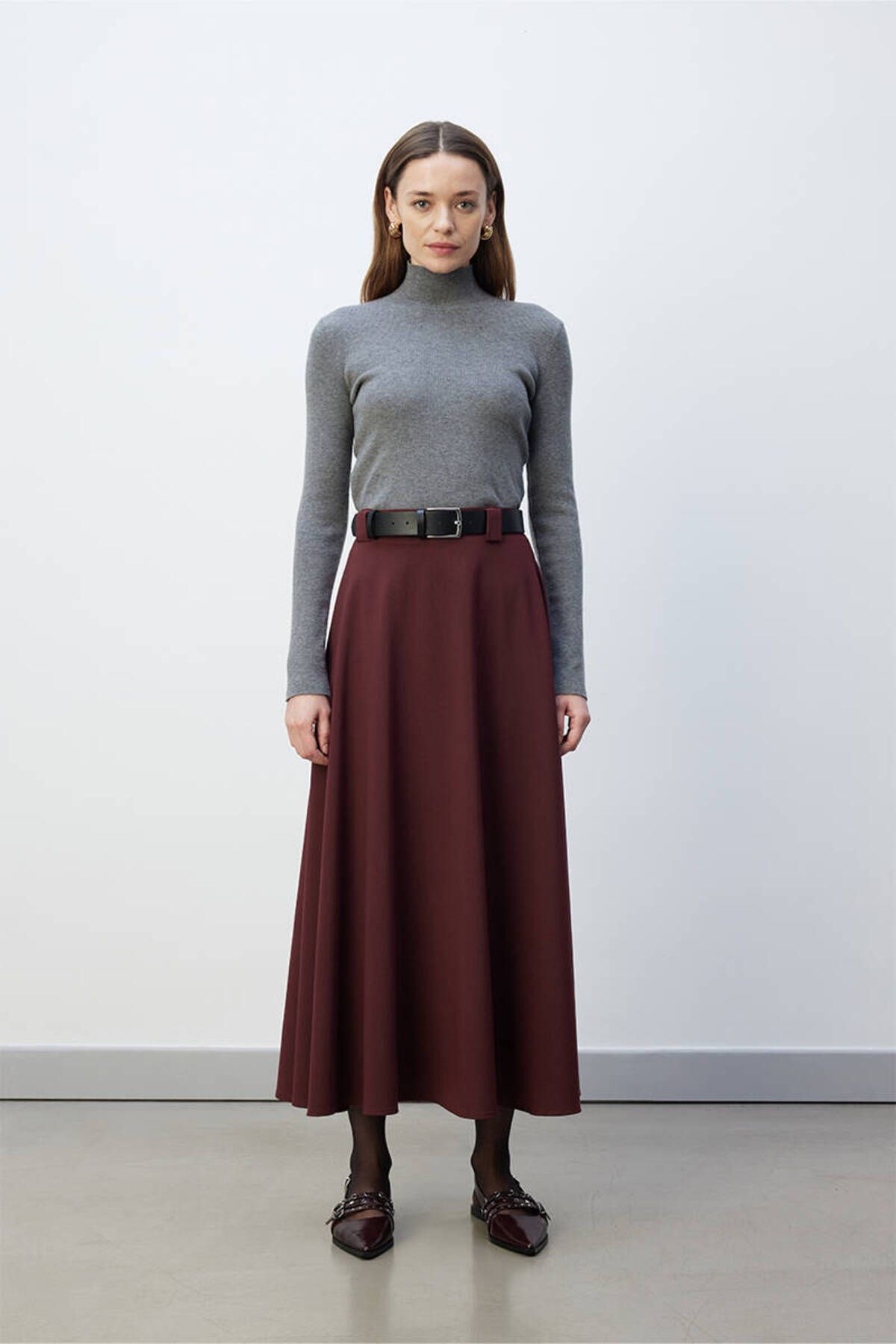 BE BLUE-Claret Red Flounce Skirt 3