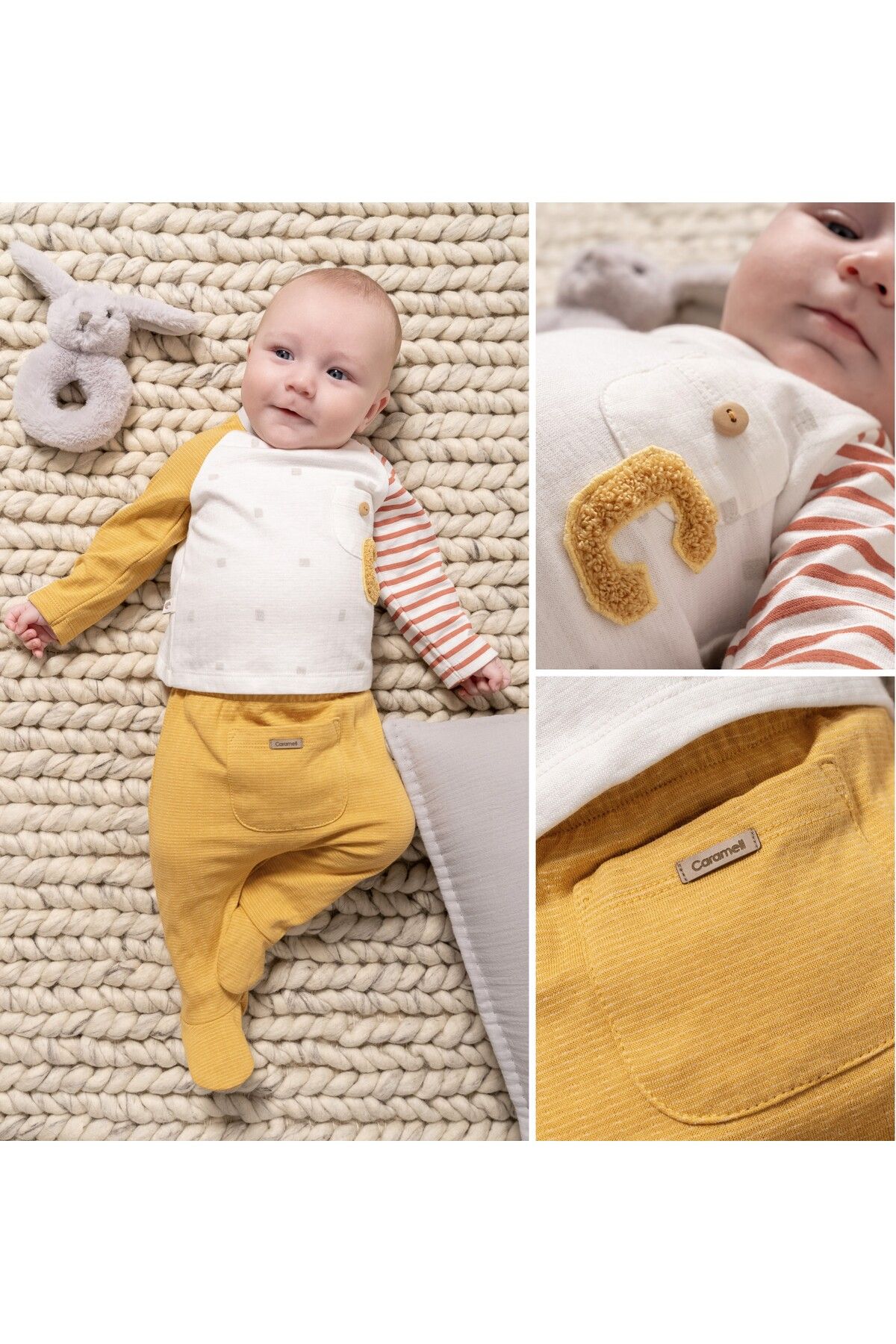 Caramell-Baby 100% Cotton Set for Season 2025 - 1-3, 3-6, 6-9, 9-12 Months with Booties and Pocket Detail 2