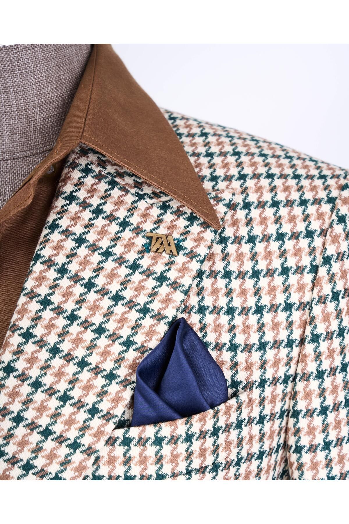 TerziAdemAltun-Italian Style Slim Fit Houndstooth Pattern Double Breasted Men's Coat Green T13049 3