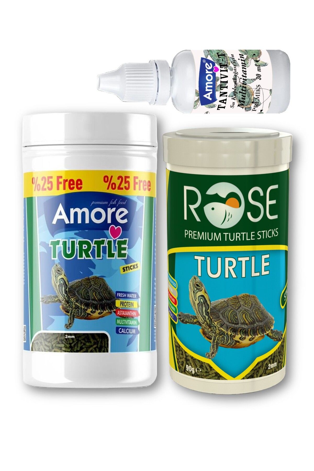 AMORE Turtle Green Sticks 125ml, Rose 100ml Turtle Sürüngen ve Yüzen Kaplumbağa Yemi, Multivitamin