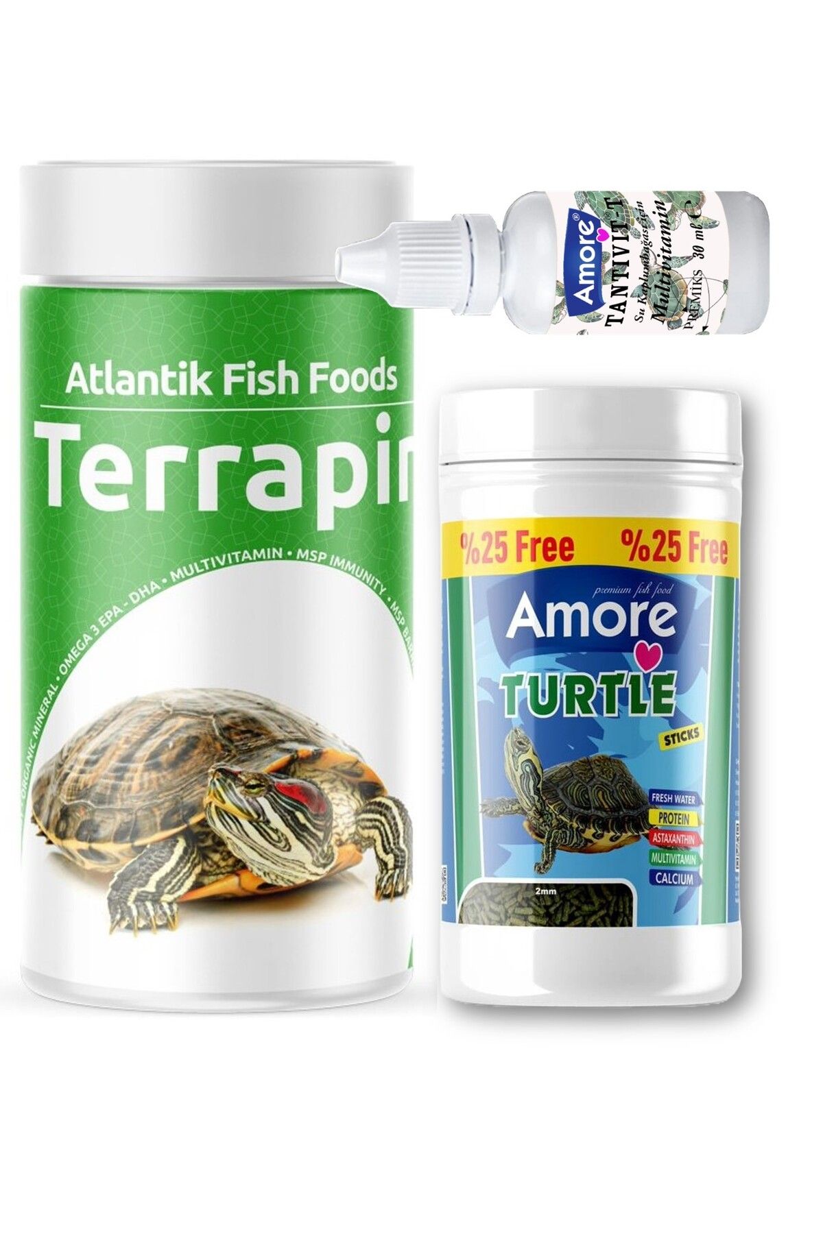 AMORE Turtle Green Sticks 125ml, Terrapin 250ml Turtle Sürüngen ve Yüzen Kaplumbağa Yemi, Multivitamin