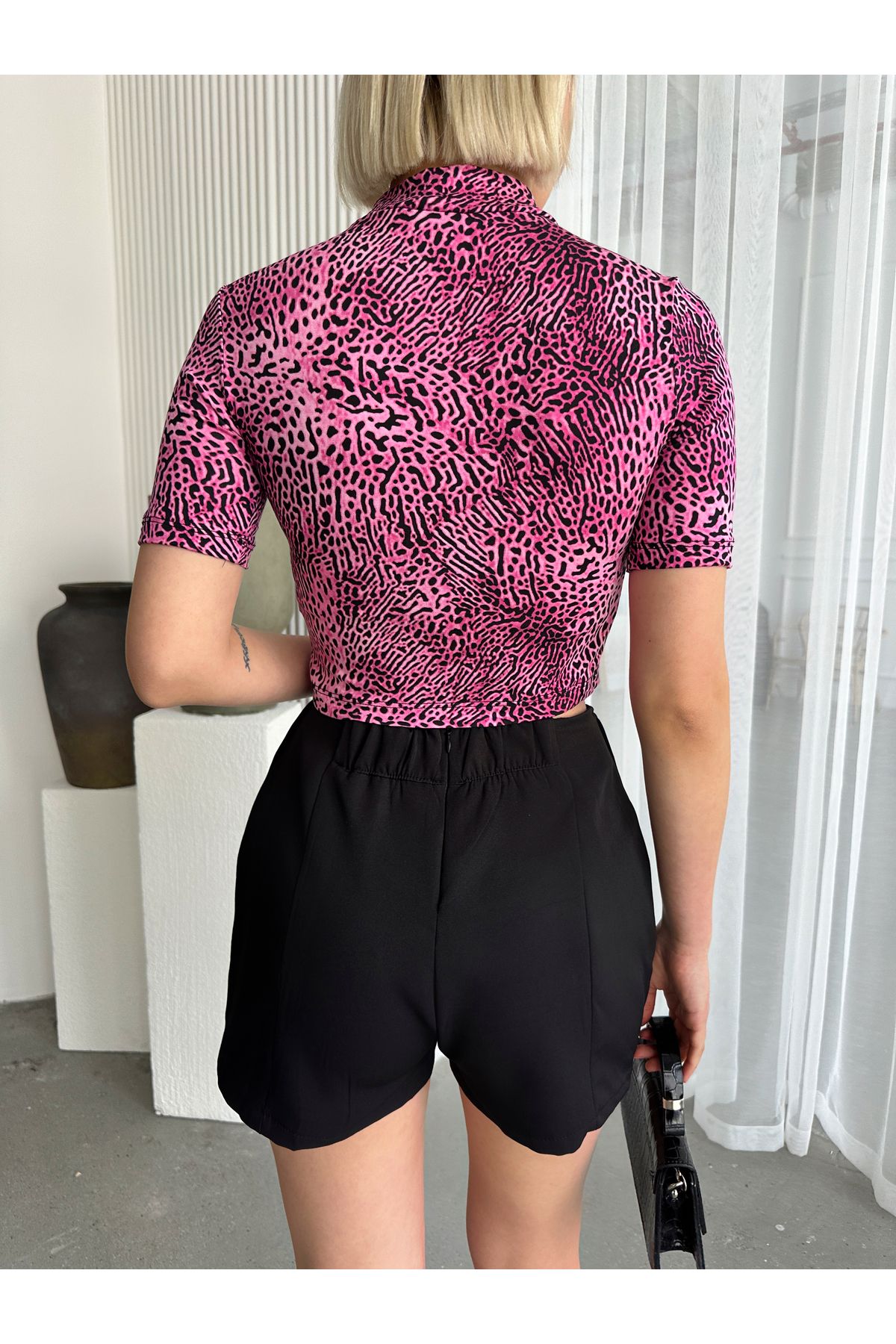Look Forward-Bluză de damă, fucsia, leopard, cu guler în picioare, cu mânecă scurtă, din viscoză 6