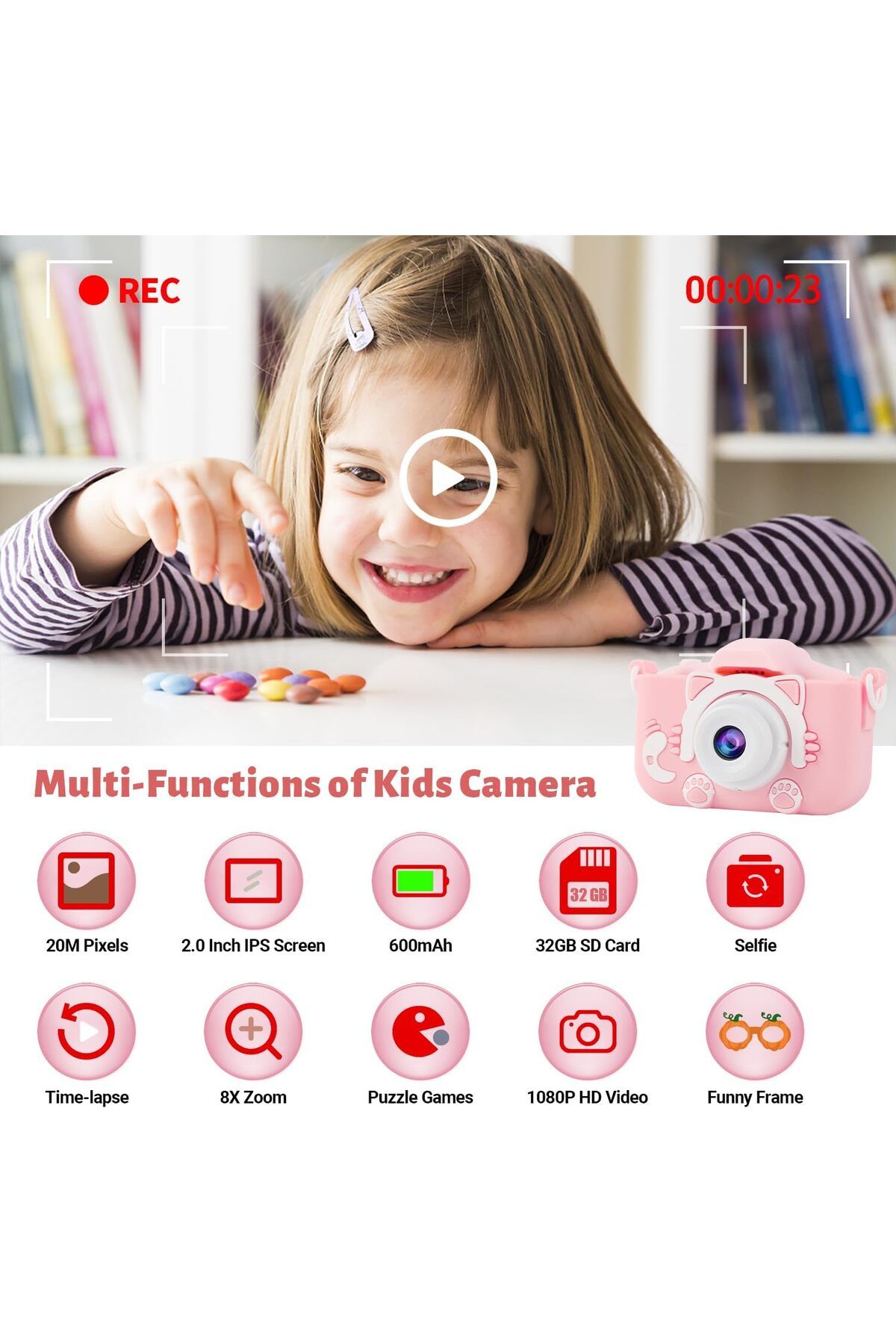 AWH-AHW Kids 1080P Camera for Girls, 2" IPS Screen, Silicone Case, 32GB Card, Gift for Ages 3-8 (Pink) 2