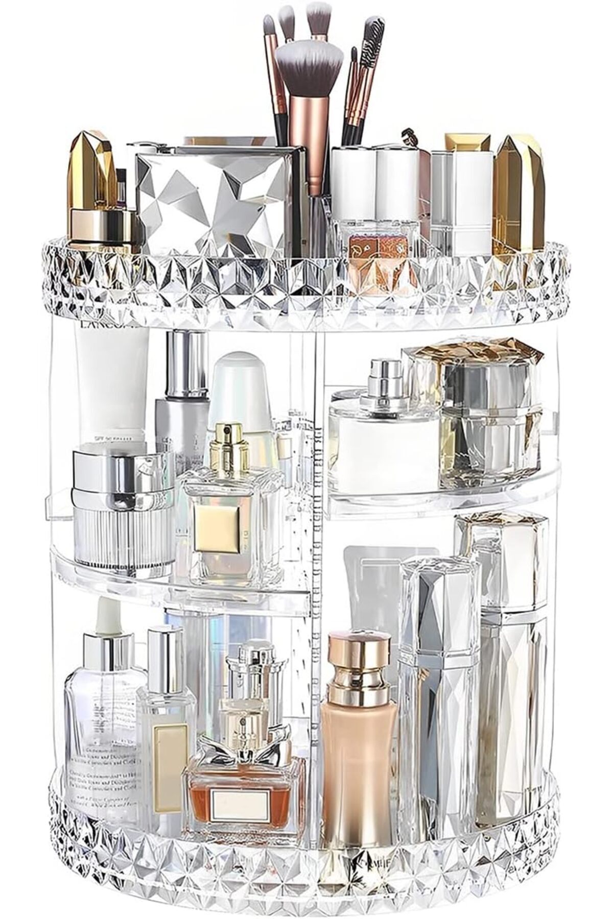 AWH-Rotating Makeup Organizer with Compartments, 3-Tier Acrylic Clear 360° Spinning Storage Display 1