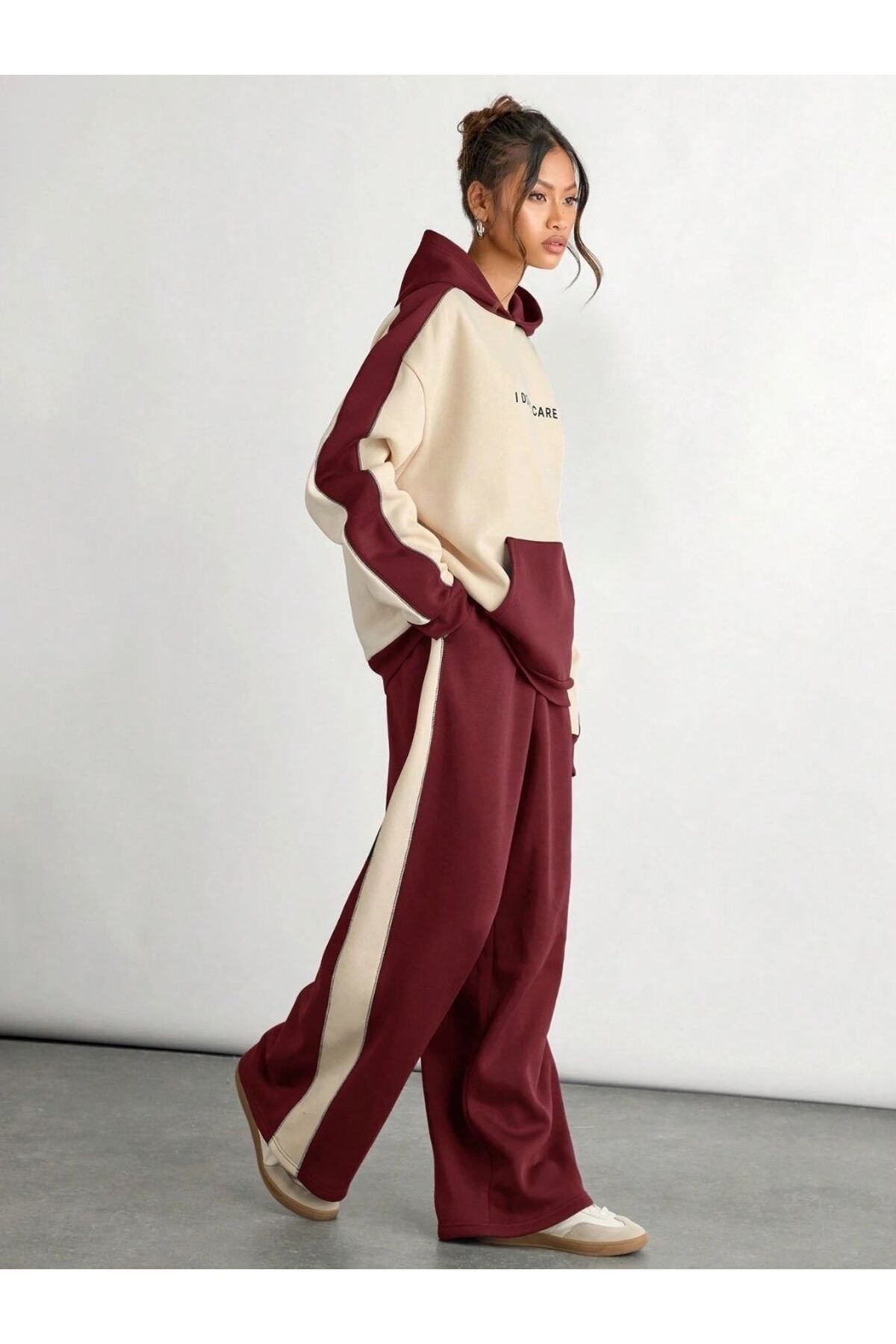 Trendseninle-Burgundy Beige Women's and Men's Tracksuit Set - Couple Combination Set of 2 3