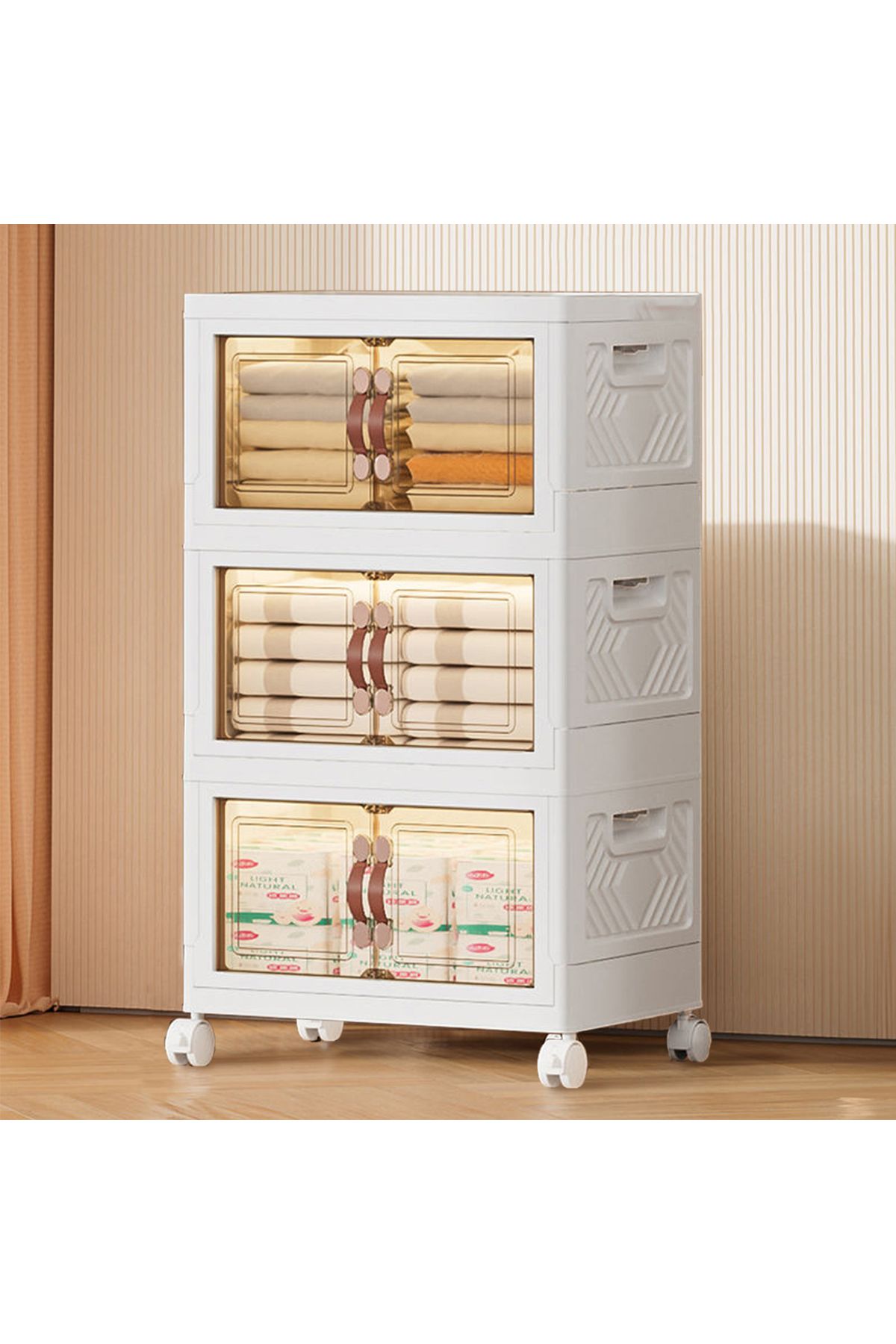 EqiEch-Stackable Folding Storage Bins with Lids, 3-Layer Portable Plastic Cabinet with Wheels 4