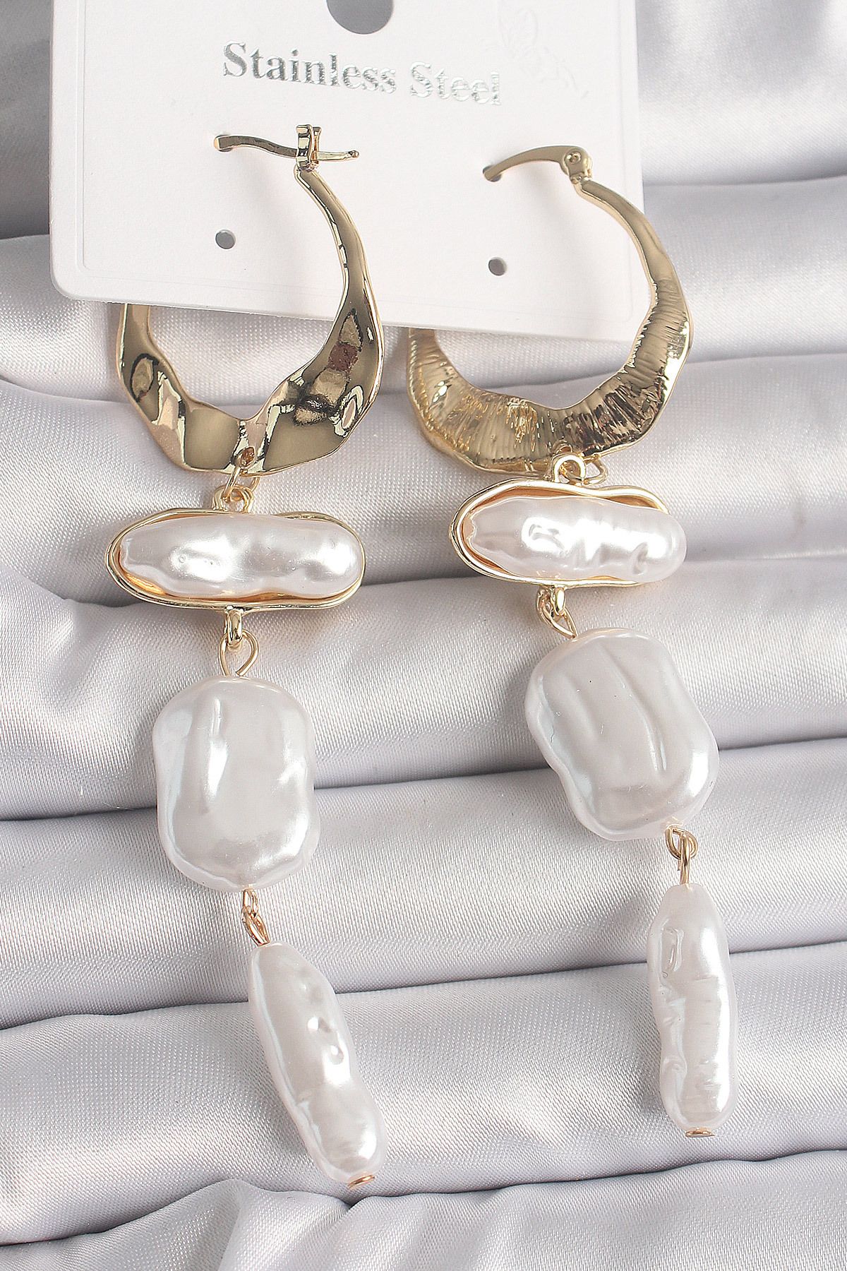 Tekno Yuva Pirinç Gold Renk Sallantı Ezme İnci Model Kadın Küpe