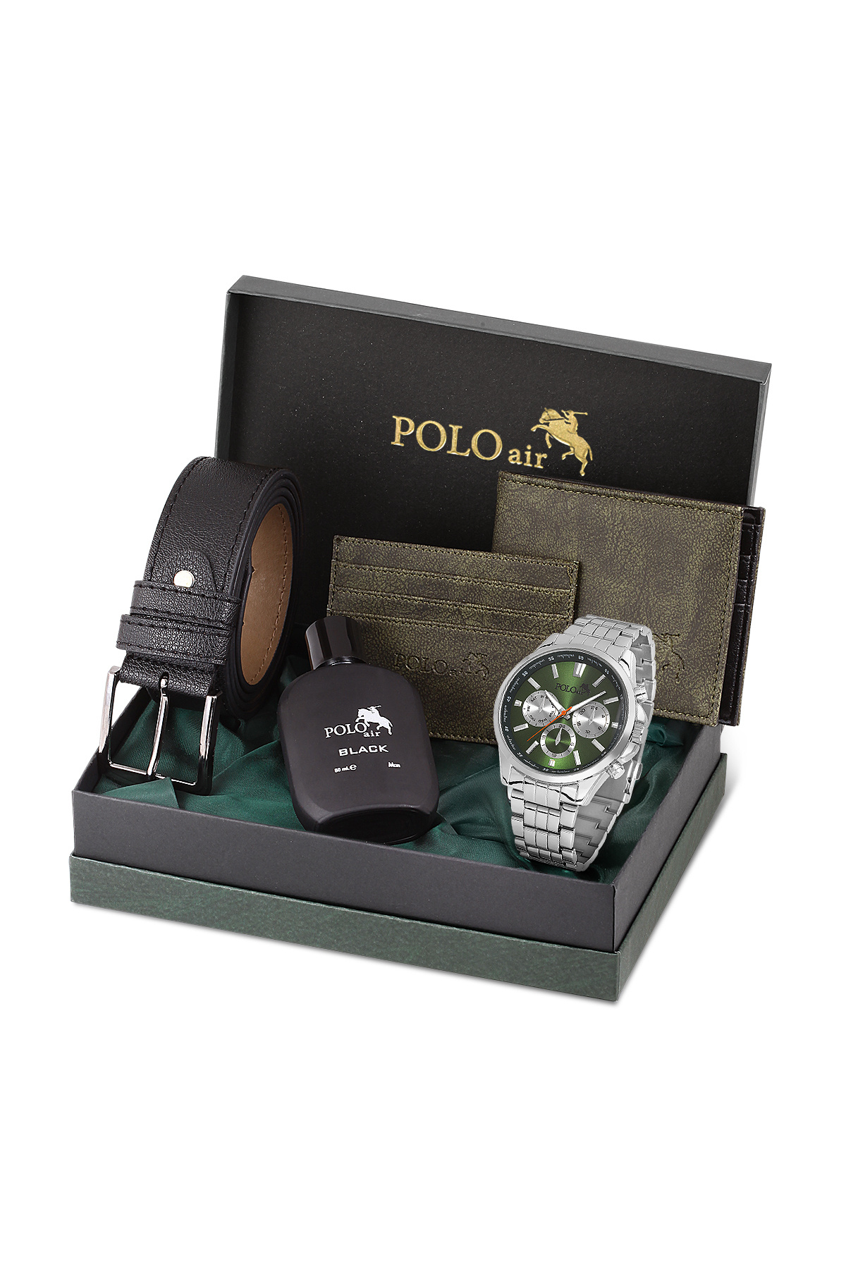 Polo Air Erkek Set Kombin Kemer Cüzdan Kartlık Parfüm Kol Saati Hediyelik Kutusunda Yeşil Set PL-0965E5
