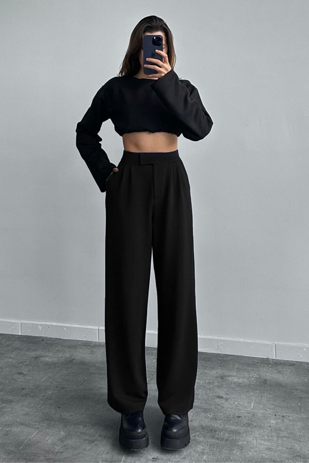 rşnmoda Kadın Siyah Beli Cırt Cırtlı Pileli Bol Paça Palazzo Pantolon Wide Leg