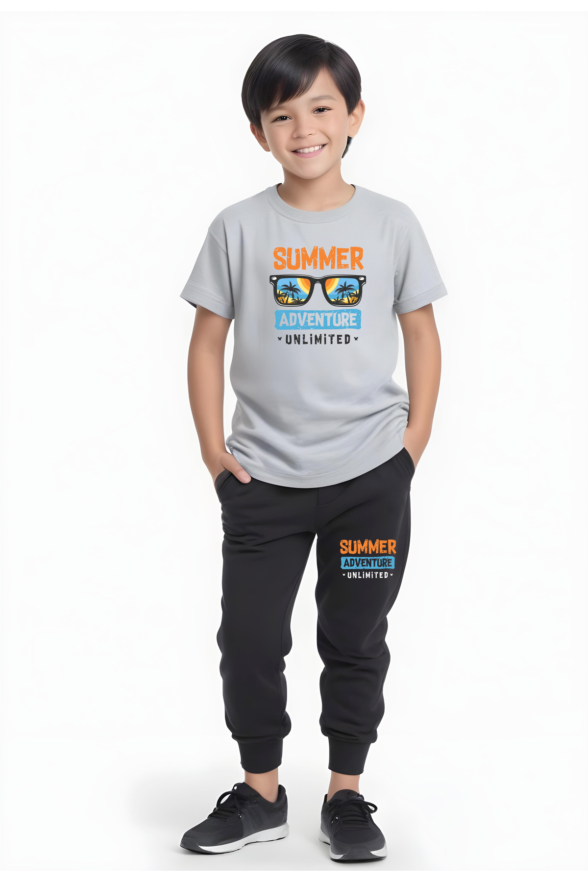 A summer set for boys printed with double pockets from bottom to top