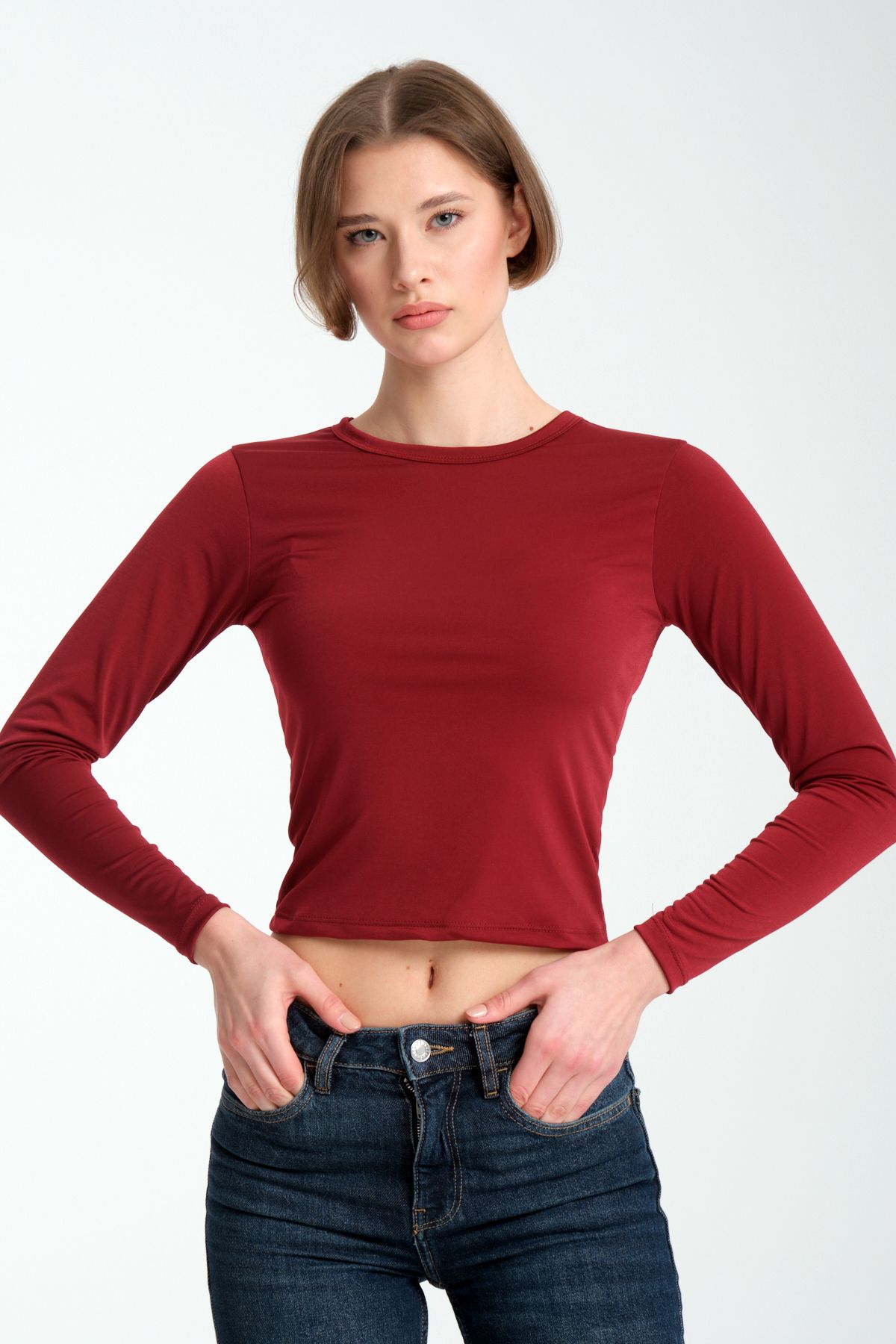 MERİCEY-Women's Crew Neck Basic Long Sleeve Sandy Body 2