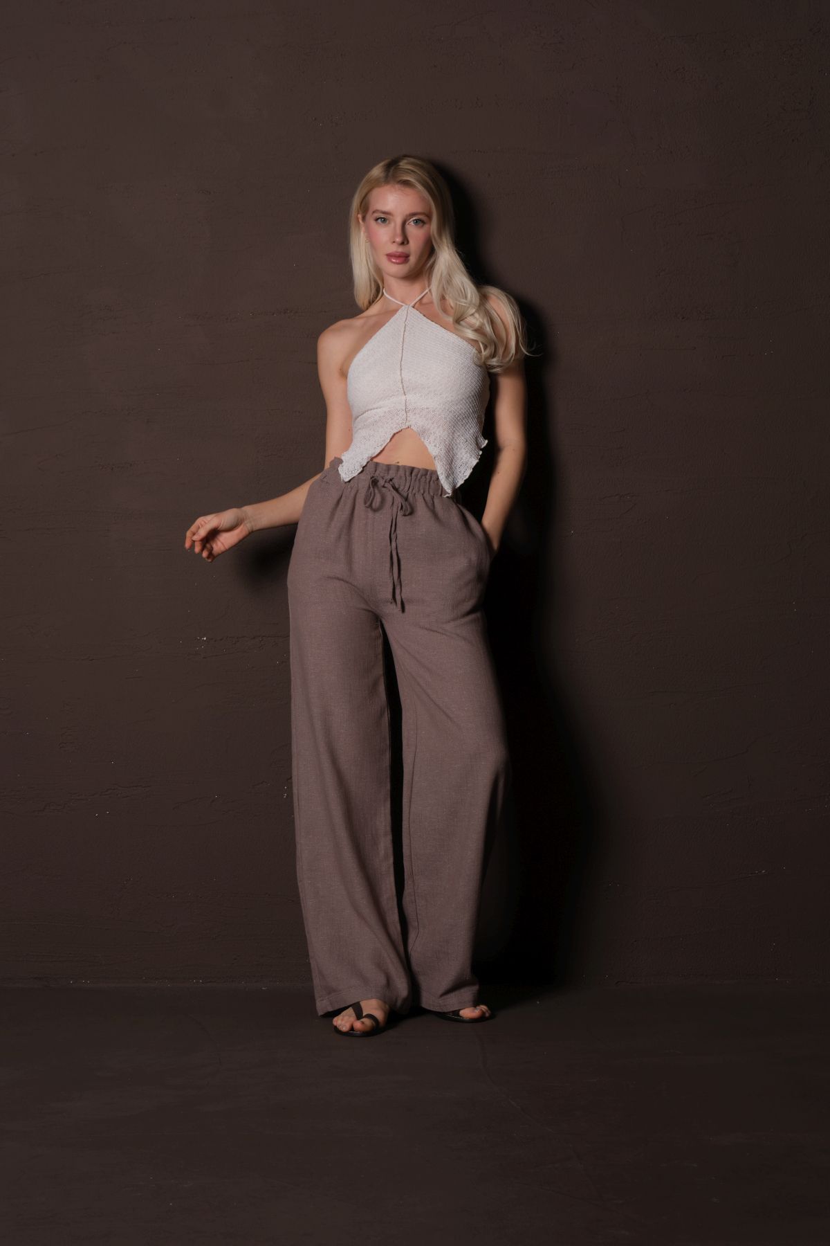 Domoda-Mink Cotton Elastic Waist and Drawstring Relaxed Cut Wide Leg Textured Summer Women's Trousers @Lagos 8