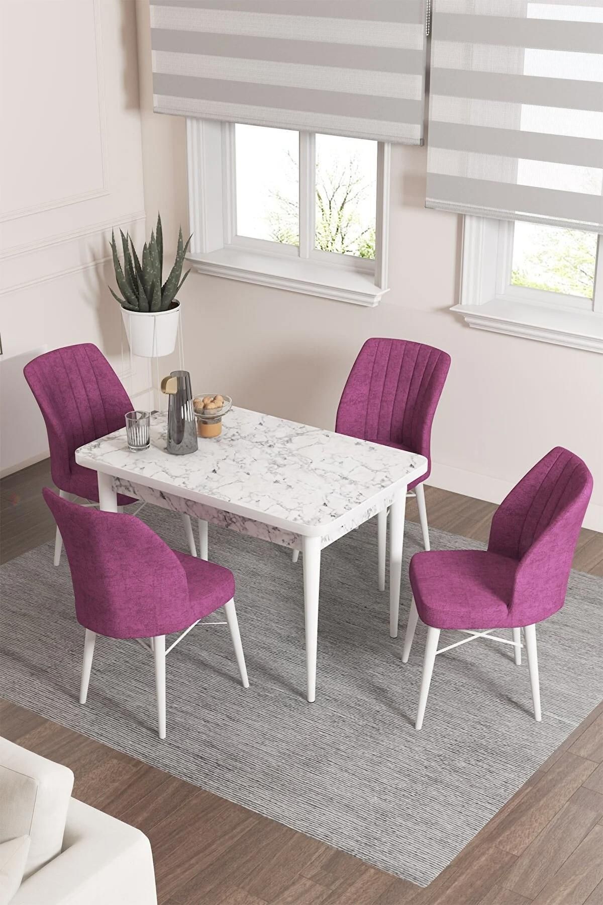 Lera Beyaz Mermer 70x110 Sabit Mdf Yemek Odası Takımı Gürgen Ayaklı 4 Adet Mor Sandalye-0