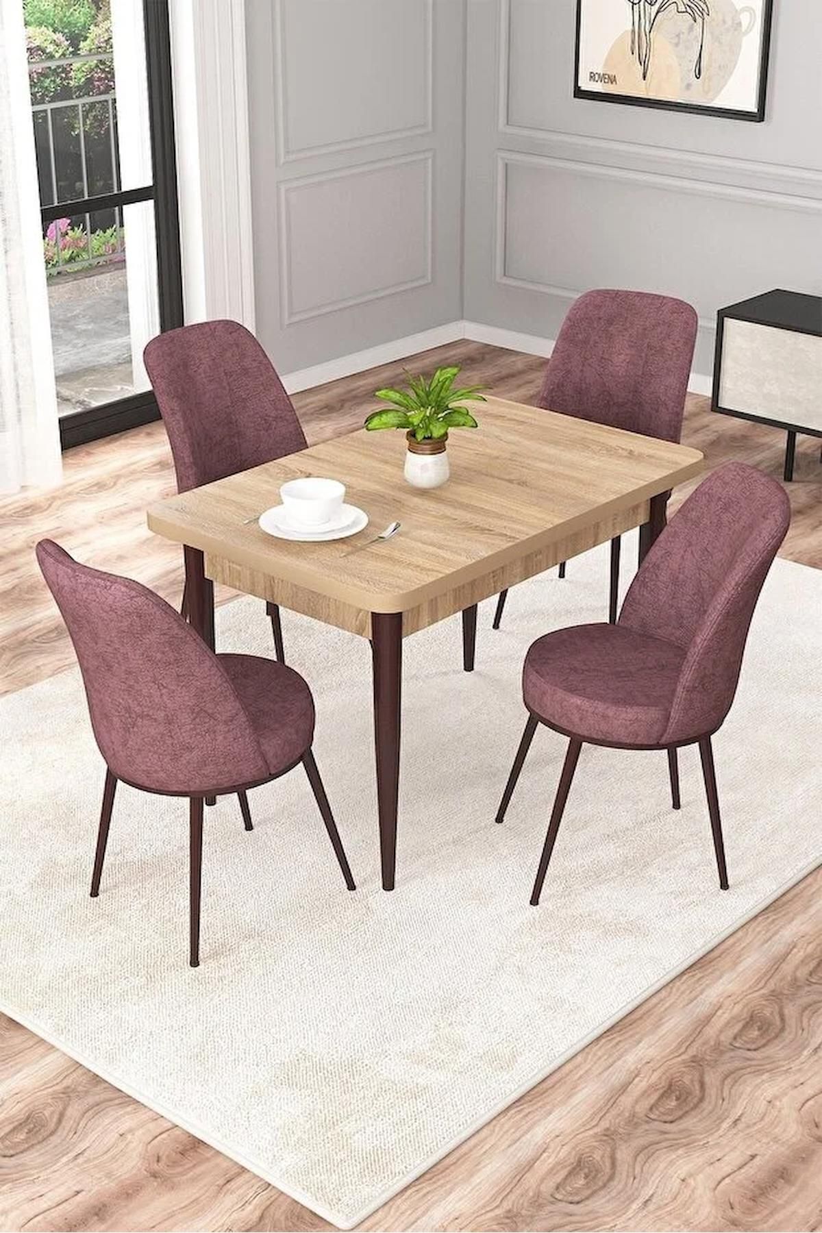 Duru Meşe 70x110 Sabit Mdf Yemek Odası Takımı Metal Ayaklı 4 Adet Gül Kurusu Sandalye-0