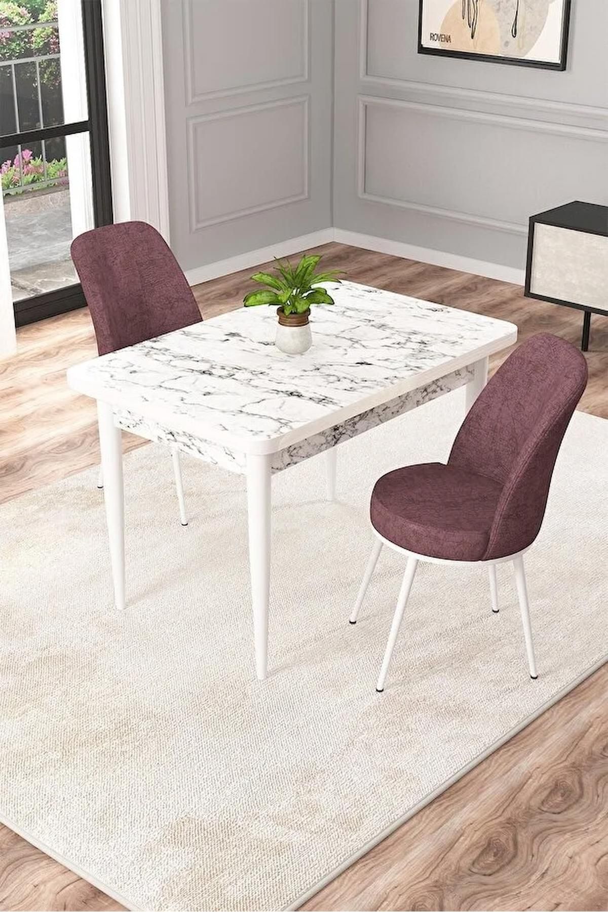 Duru Beyaz Mermer 70x110 Sabit Mdf Yemek Odası Takımı Metal Ayaklı 2 Adet Gül Kurusu Sandalye-0