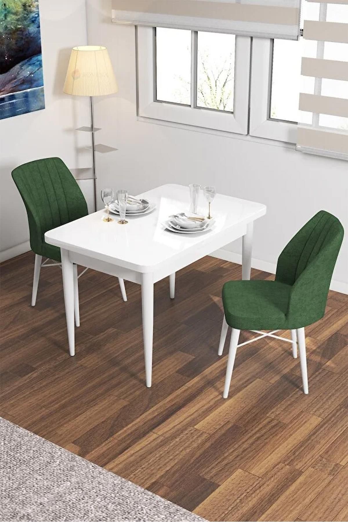Lera Beyaz 70x110 Sabit Mdf Yemek Odası Takımı Gürgen Ayaklı 2 Adet Yeşil Sandalye