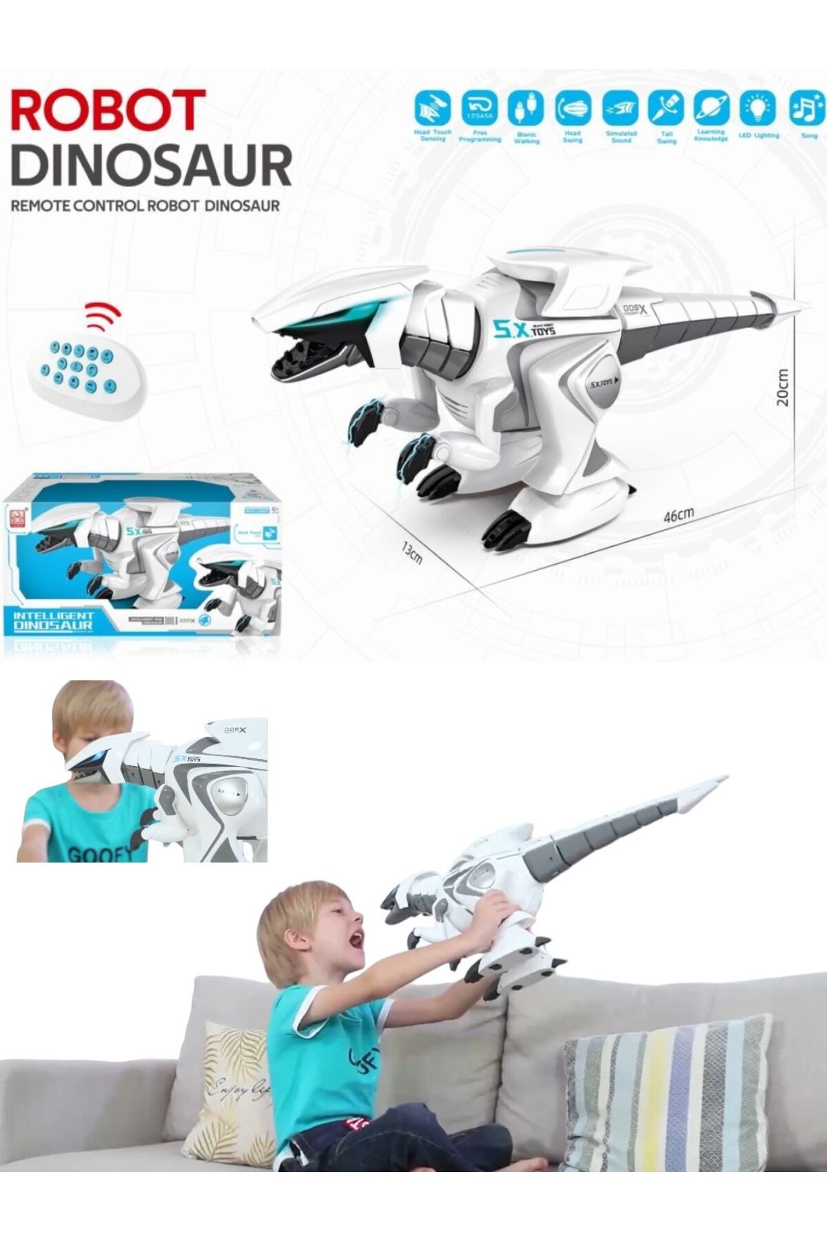 BYCEGU 94524 UZAKTAN KUMANDALI ŞARJLI FULL FONKSİYONLU ETKİLEŞİMLİ IŞIKLI VE MÜZİKLİ OYUNCAK DİNAZOR ROBOT fotoğrafı 2 (önizleme)