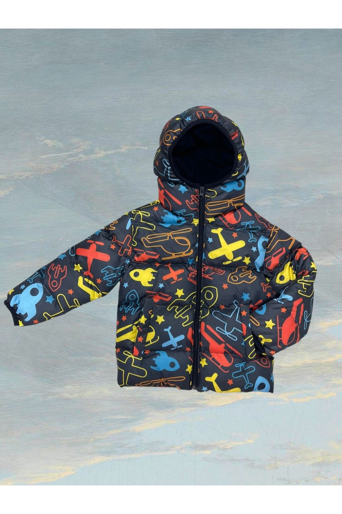 Riverstorm-Boy's Winter down Jacket - Fleece, Hood, Helicopter Pattern 2