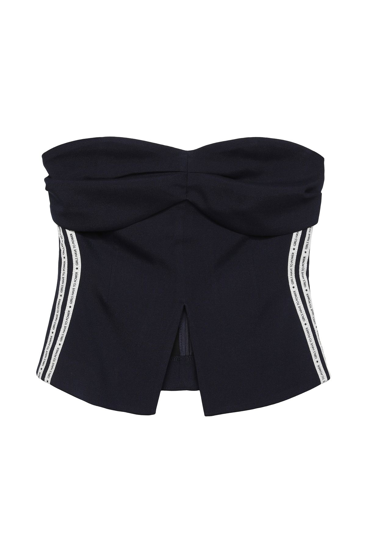 Quzu-Navy Blue Strapless Blouse - Stripe Detailed 2