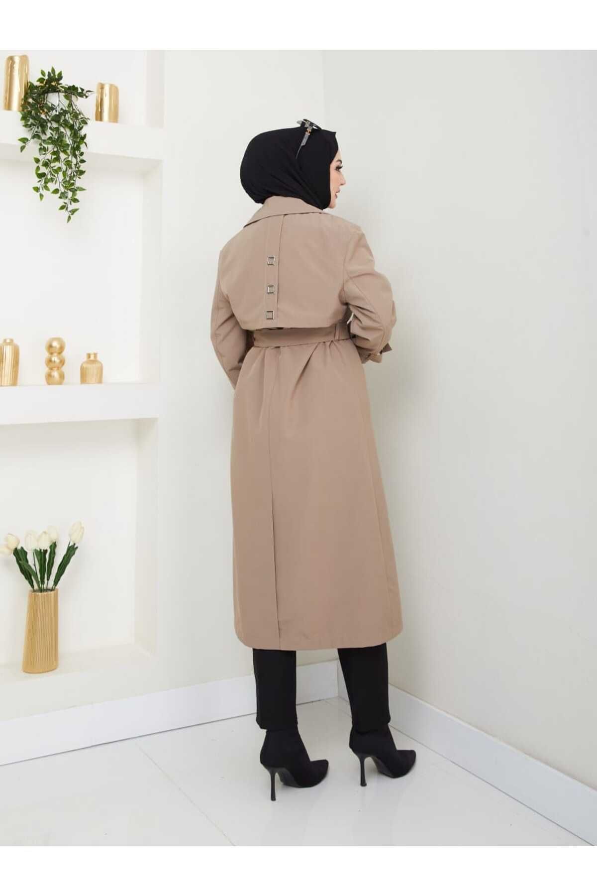 ELBİSHE-Slit-Looking Trench Coat with Waist Tie Back Detail 2